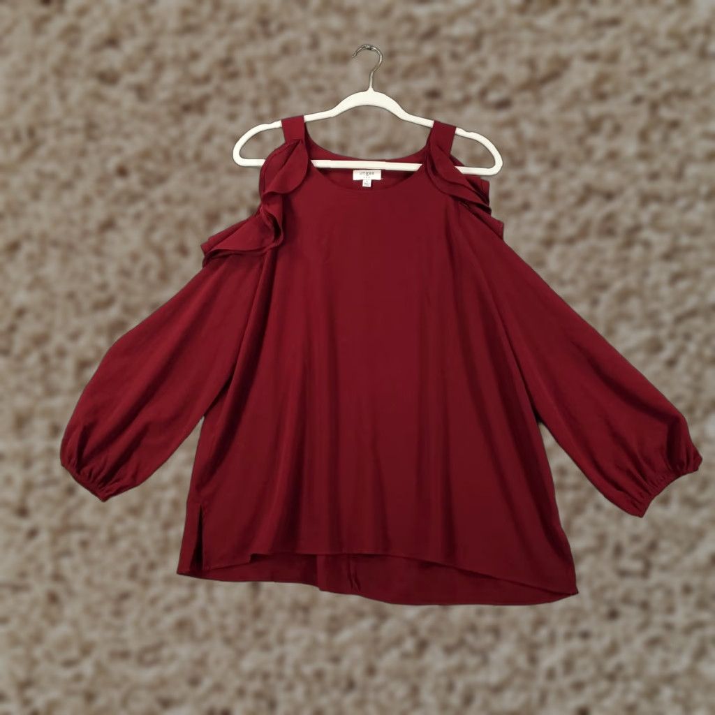 Vintage UMGEE Tunic Womens Large Maroon Cold Shoulder Gauzy Ruffles Balloon Flutter Size L / US 10 / IT 46 - 1 Thumbnail