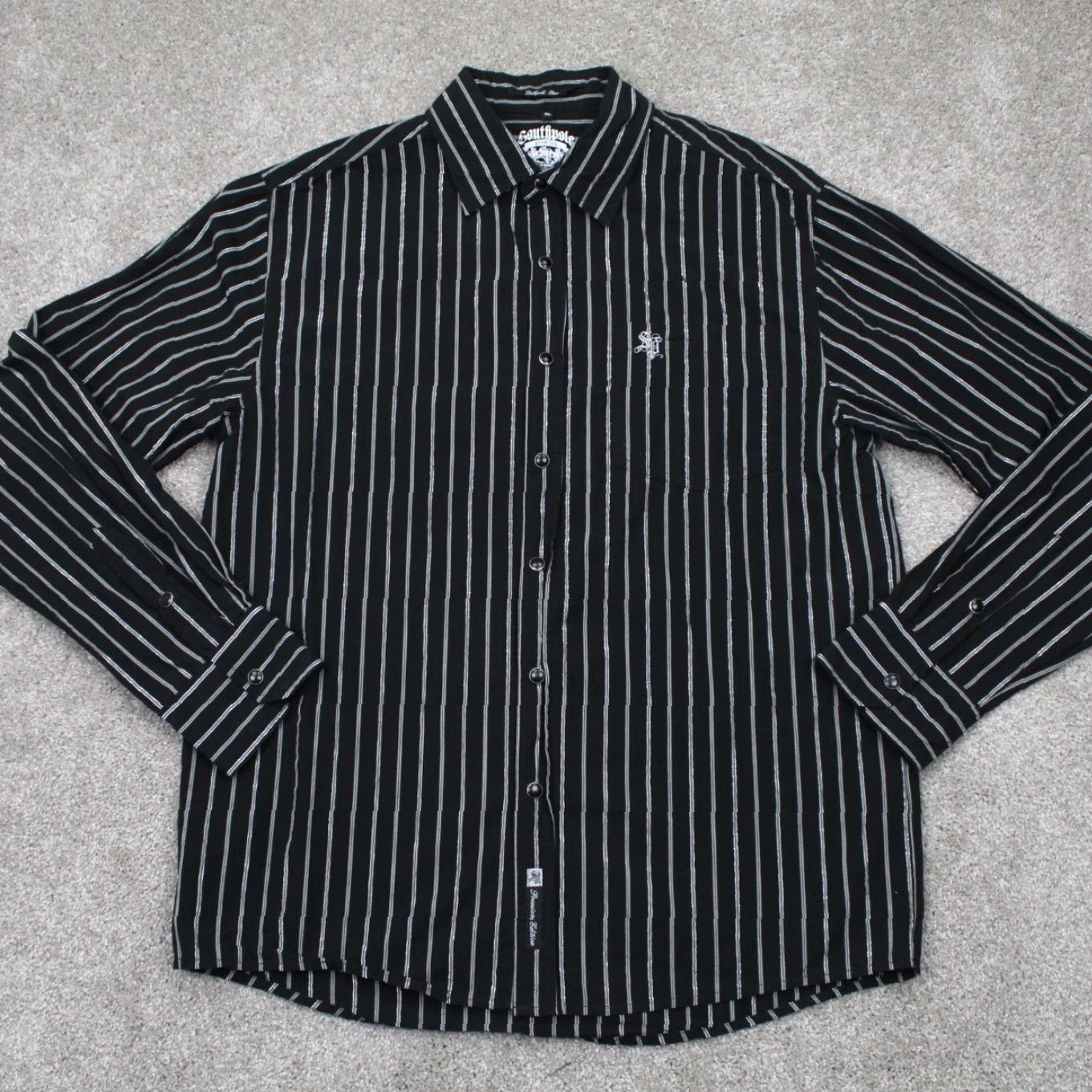 Southpole Southpole Button-Up Shirt Mens XL Black/Silver Stripe Long Sleeve Size US XL / EU 56 / 4 - 2 Thumbnail