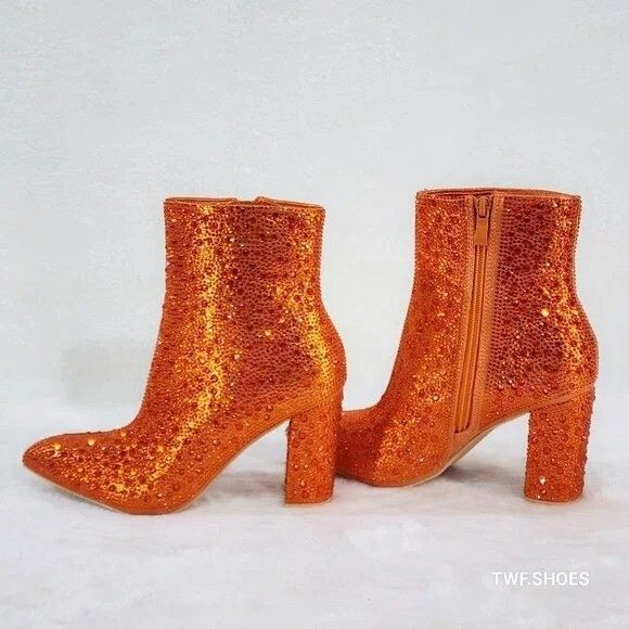 Other Crystel Orange Rhinestone Block Heel Sparkling Ankle Boots ( Size US 7 / IT 37 - 1 Thumbnail