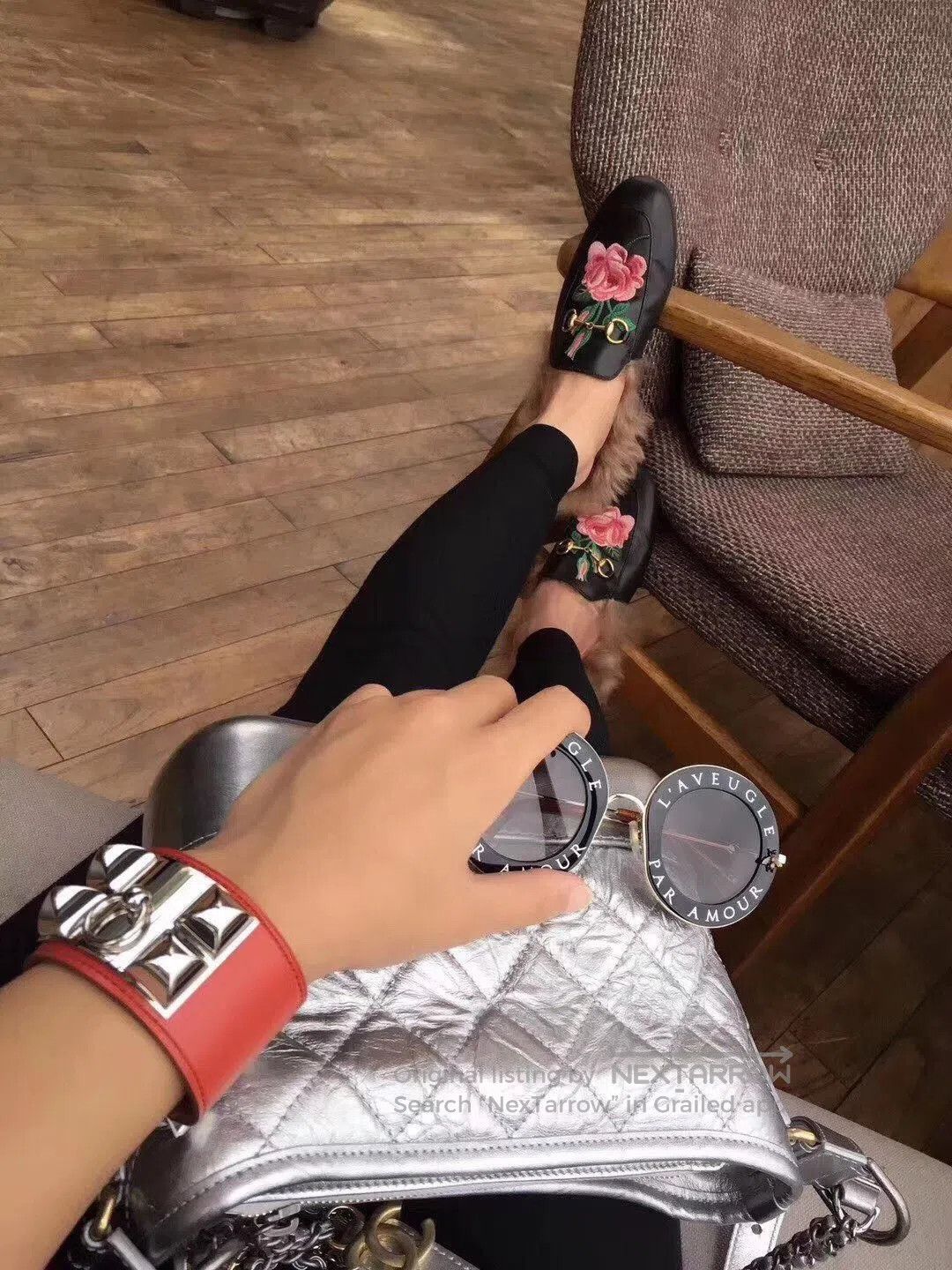 Gucci Gucci Floral Embroidered Fur Slippers. Size US 4 / IT 34 - 6 Thumbnail