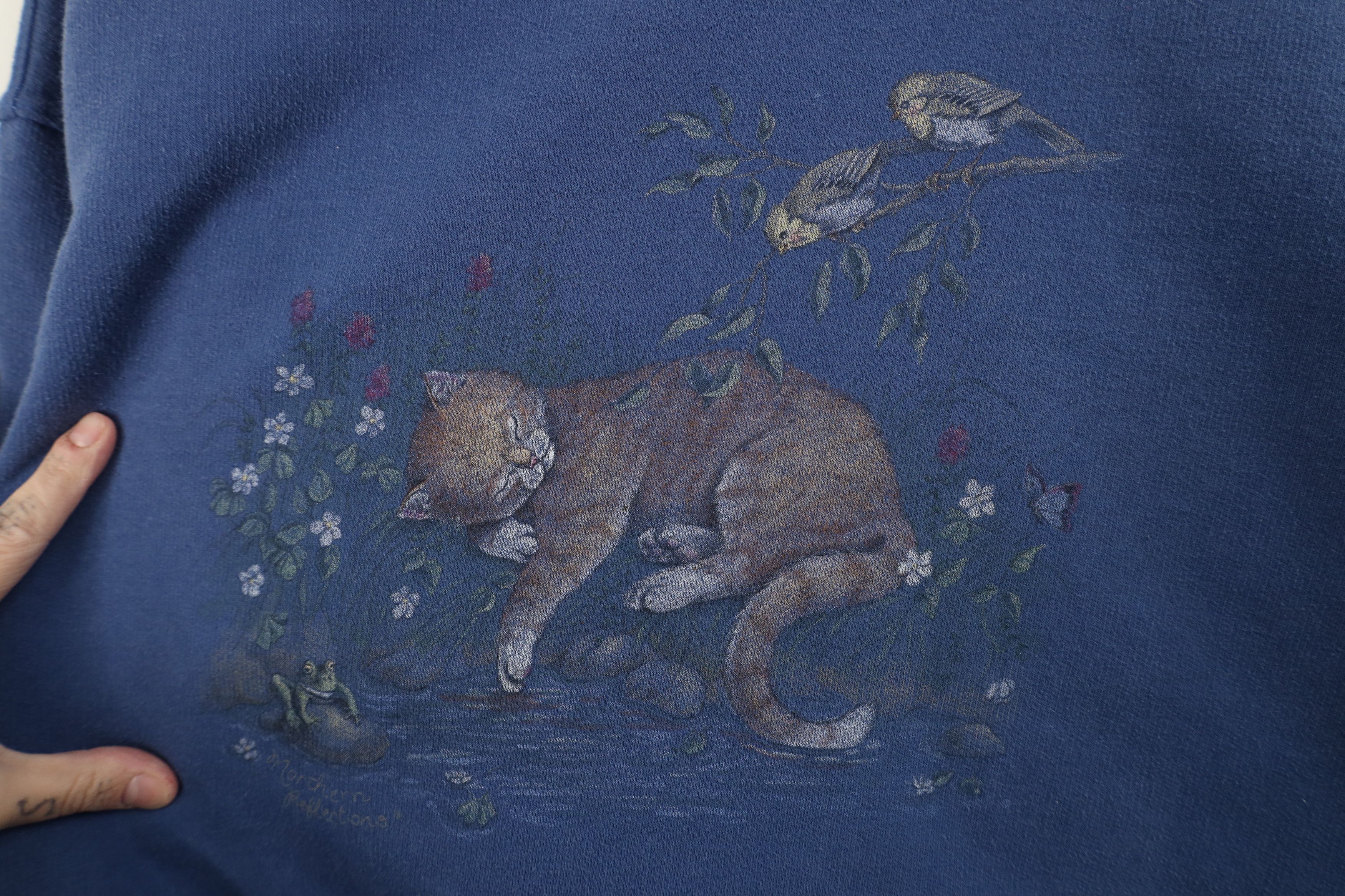 Vintage Vintage 90s Streetwear Cat Kitten Bird Sweatshirt Blue Size XXL / US 16-18 / IT 52-54 - 4 Thumbnail