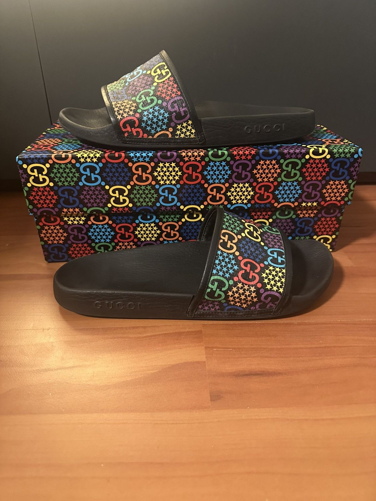 Gucci Gucci Multicolor Psychedelic Monogram Slides Sandals In Box Size US 12 / EU 45 - 1 Thumbnail