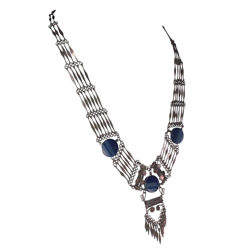 Designer Peruvian Alpaca and Blue Banded Agate Artisan Necklace Size ONE SIZE - 2 Thumbnail