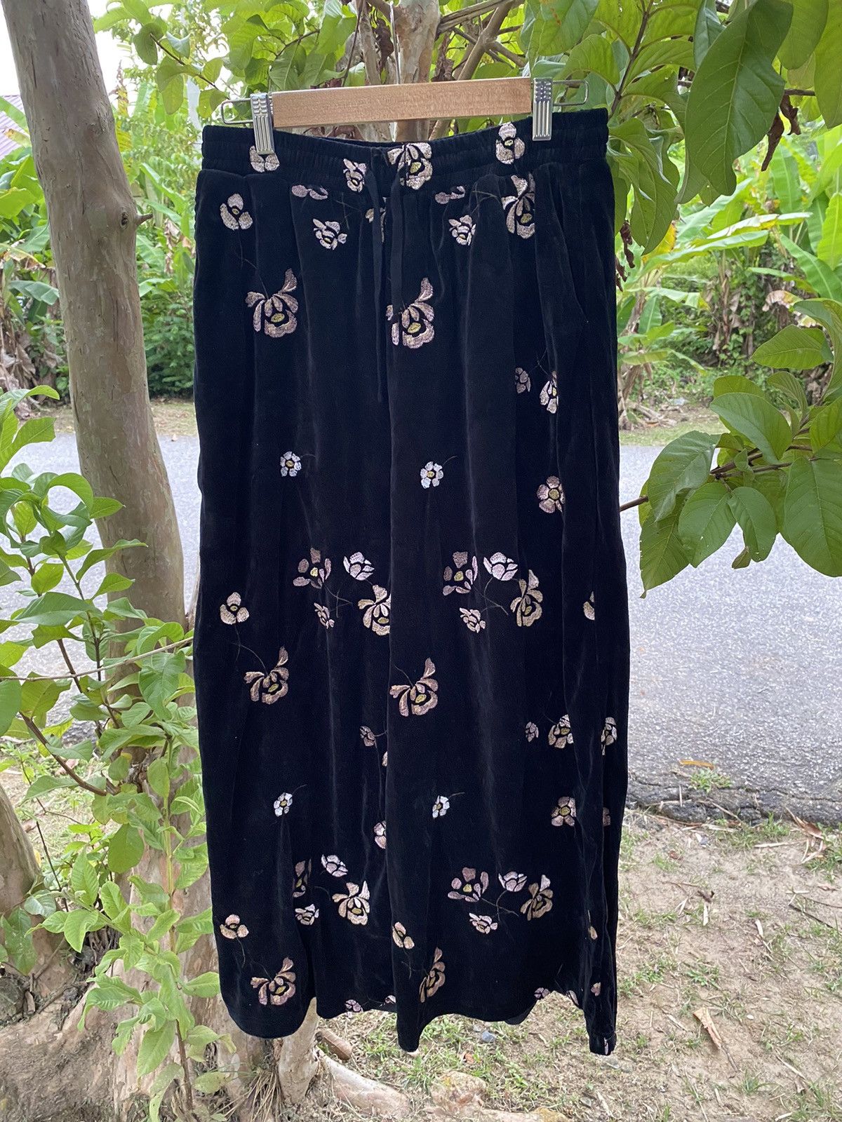 OZOC Floral Black Wide Leg Elastic Waist Pants