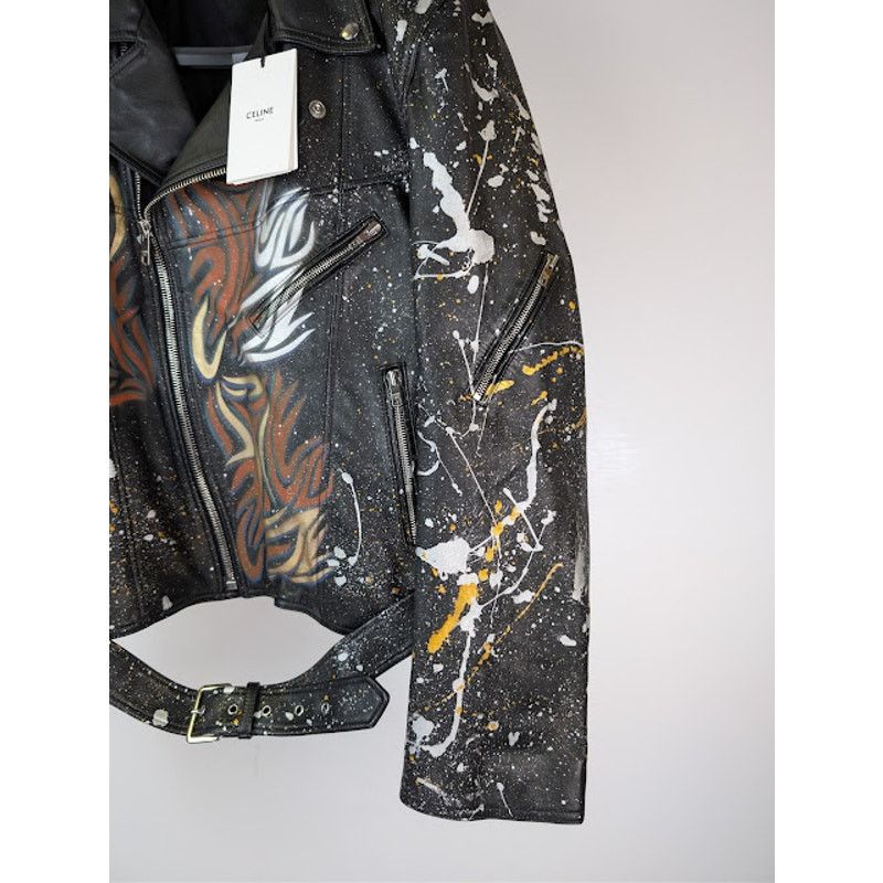 Celine o1rshd1 Hand Painted Biker Jacket in Black Size US L / EU 52-54 / 3 - 5 Thumbnail