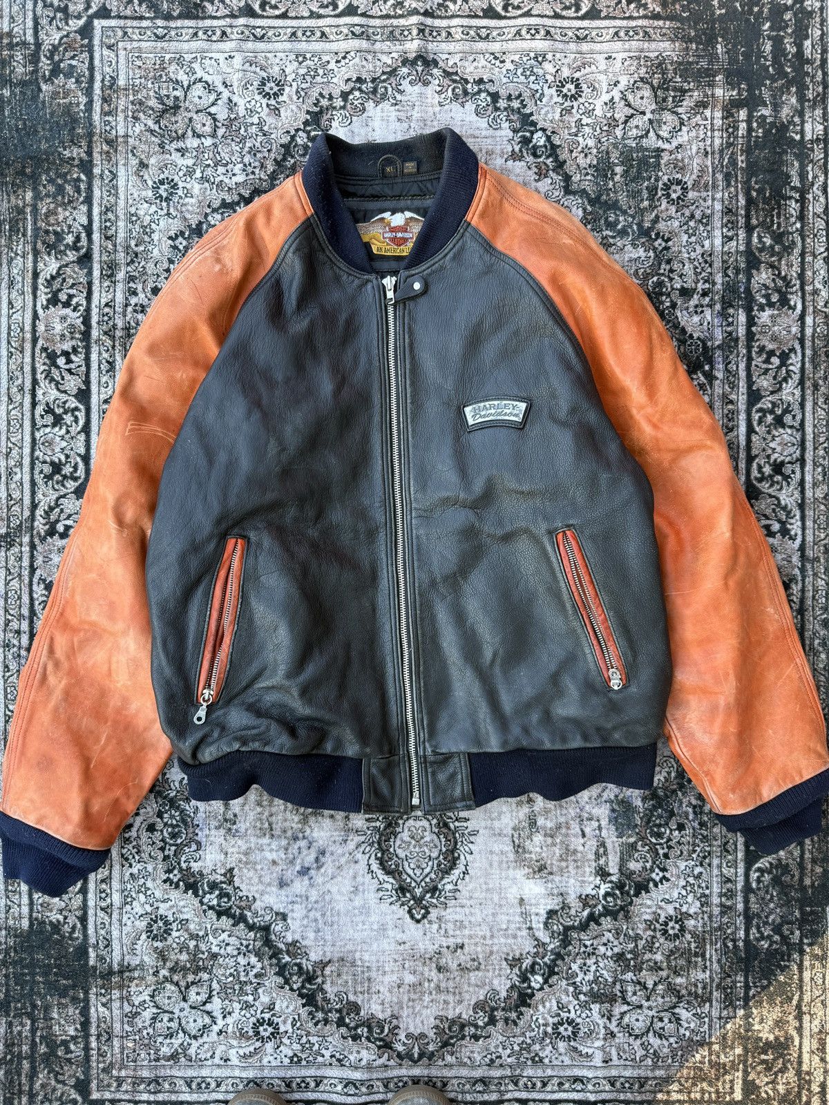 Harley Davidson × Vintage VTG Harley Davidson Black and Orange Leather Jacket(Size XL) Size US XL / EU 56 / 4 - 2 Thumbnail