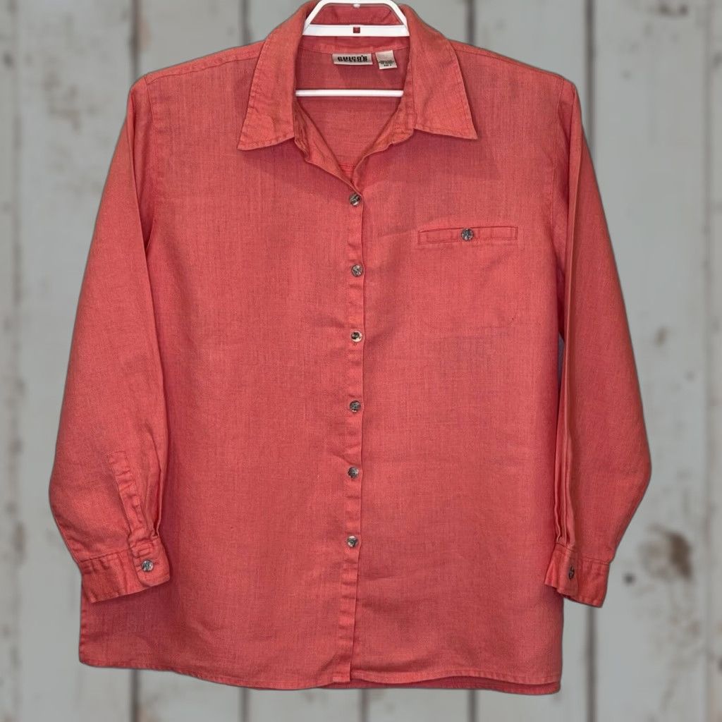 Vintage Chico’s Button-Up Top Women Size 3 Linen Long Sleeve Collared Pocket Salmon Orange II0? Size XS / US 0-2 / IT 36-38 - 1 Thumbnail