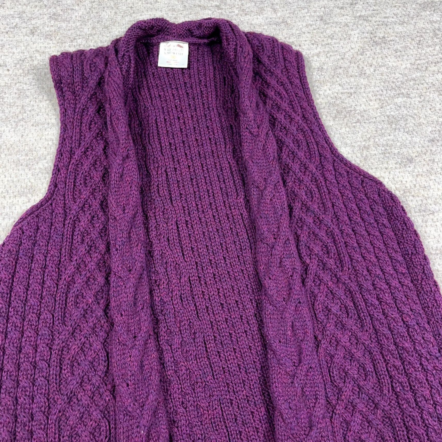 Vintage Kilronan Knitwear Sweater Vest Women XL Purple Wool Cable-Knit Open Front Cardigan Knitwear Pattern Solid Winter Fall Womens Kilronan Rib Cable Vest Size XL / US 12-14 / IT 48-50 - 2 Thumbnail