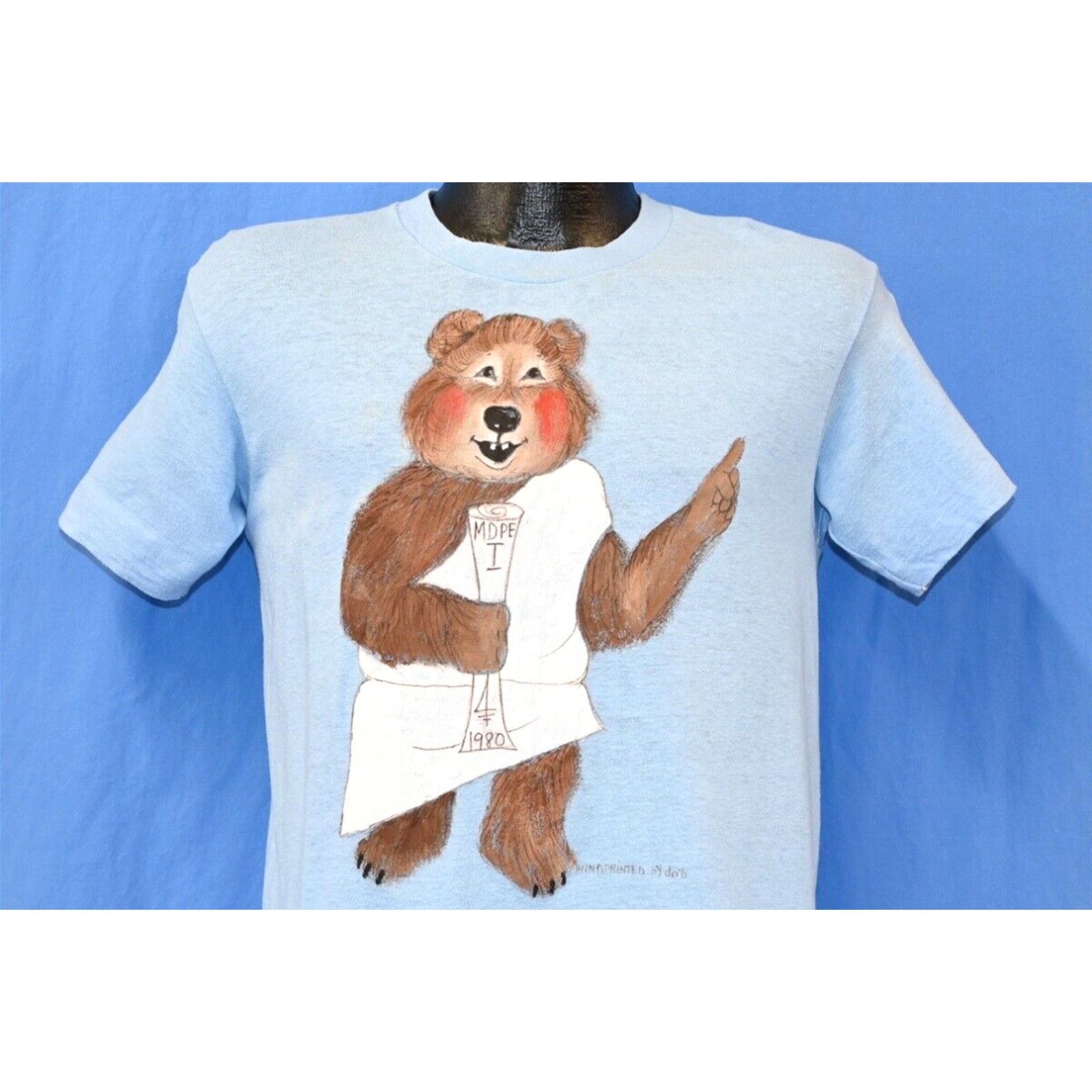 Image of Hanes VTG 80's Toga Bear Mdpe 1980 Handpainted Dob Roman Cute Cartoon Blue T-Shirt S in White (Size