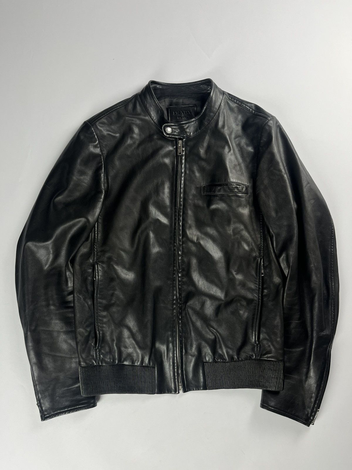 Prada Prada Sample Black Textured Soft Leather Moto Jacket SS 2014 Size US M / EU 48-50 / 2 - 1 Thumbnail