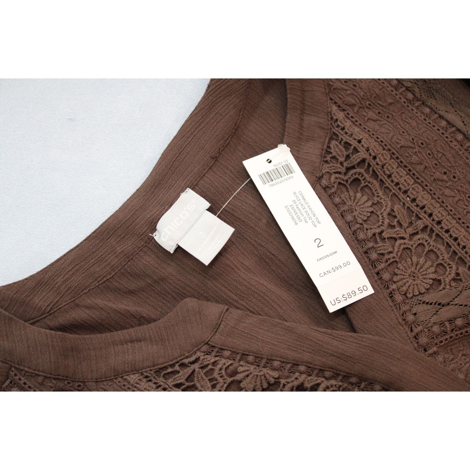 Chicos CHICO'S Crinkle Boho Espresso Fairy Crochet Lace Top 2 $90 Size XL / US 12-14 / IT 48-50 - 4 Thumbnail