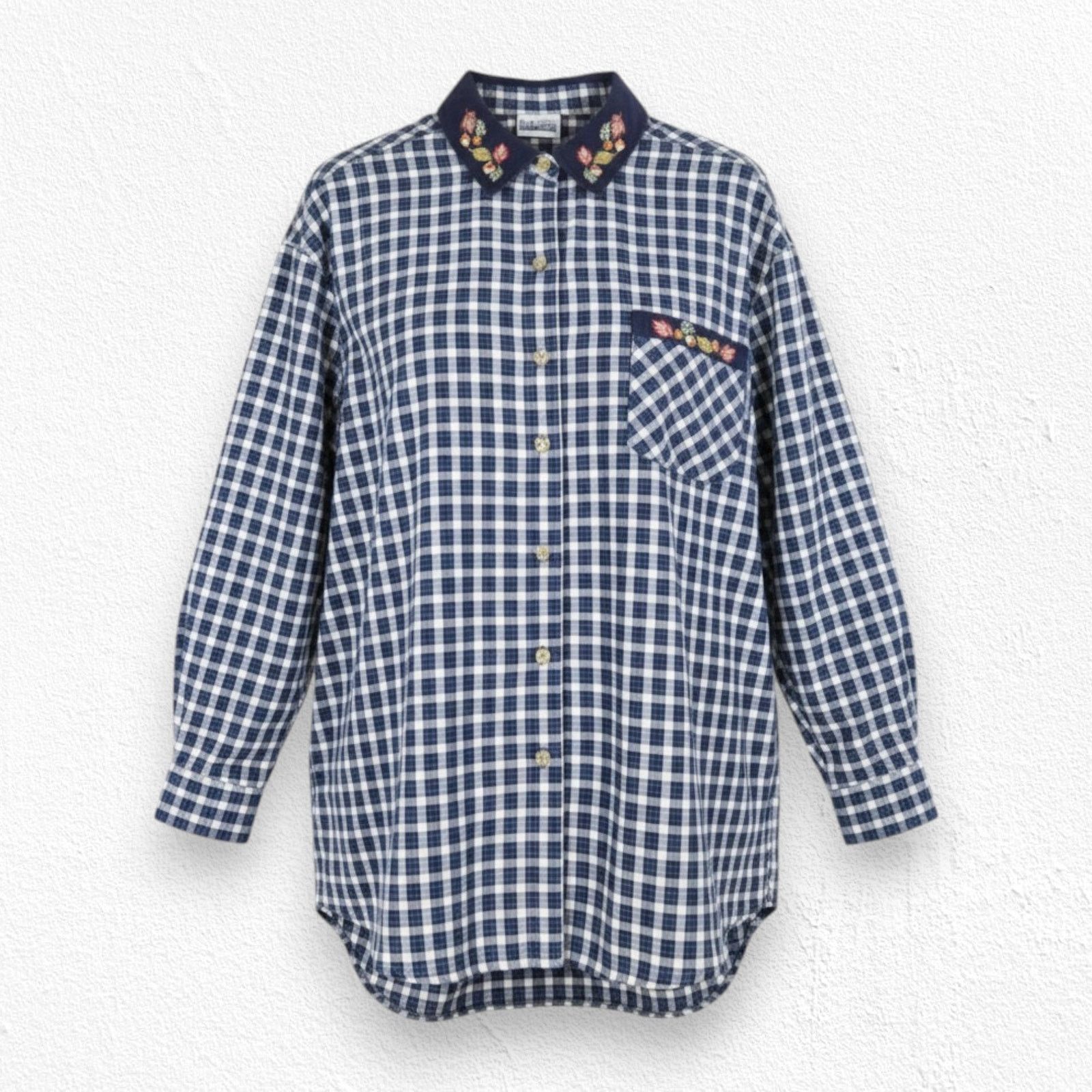 Basic Editions Y2K Fall Embroidered Gingham Shirt Navy Plaid Size Large Size L / US 10 / IT 46 - 1 Thumbnail