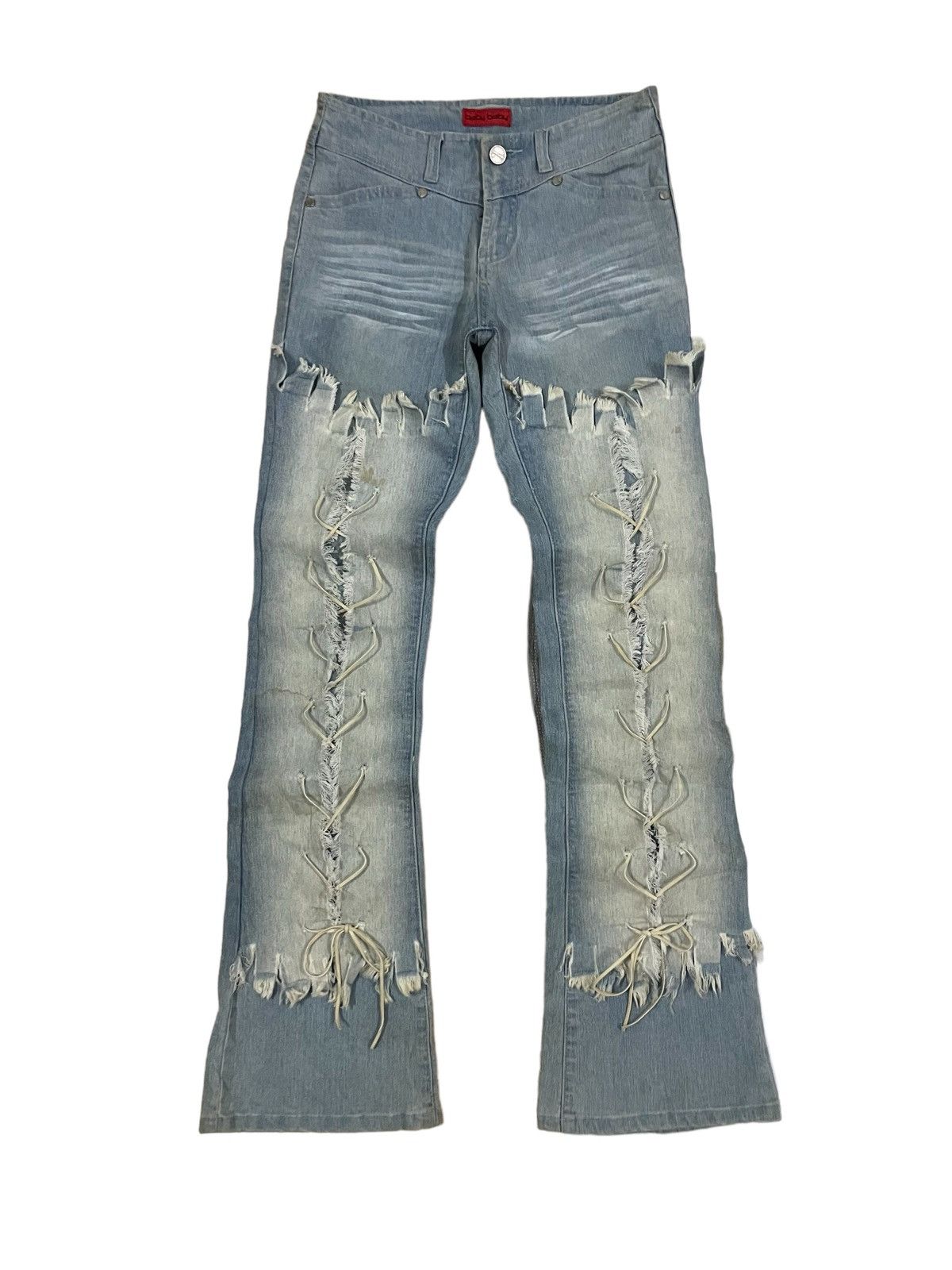 image of Avant Garde x If Six Was Nine Vintage Bondage Style Mad Punk Flare Jeans in Blue, Women's (Size 26)