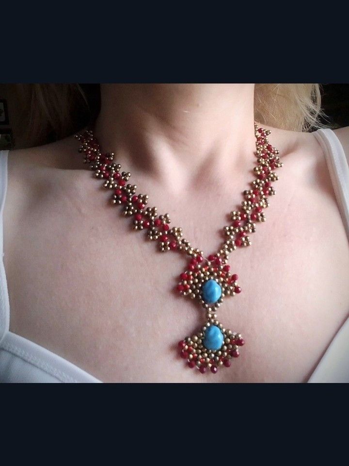 Handmade Necklace Earrings Vintage. Red crystals Blue resin. Pendant Size ONE SIZE - 7 Thumbnail