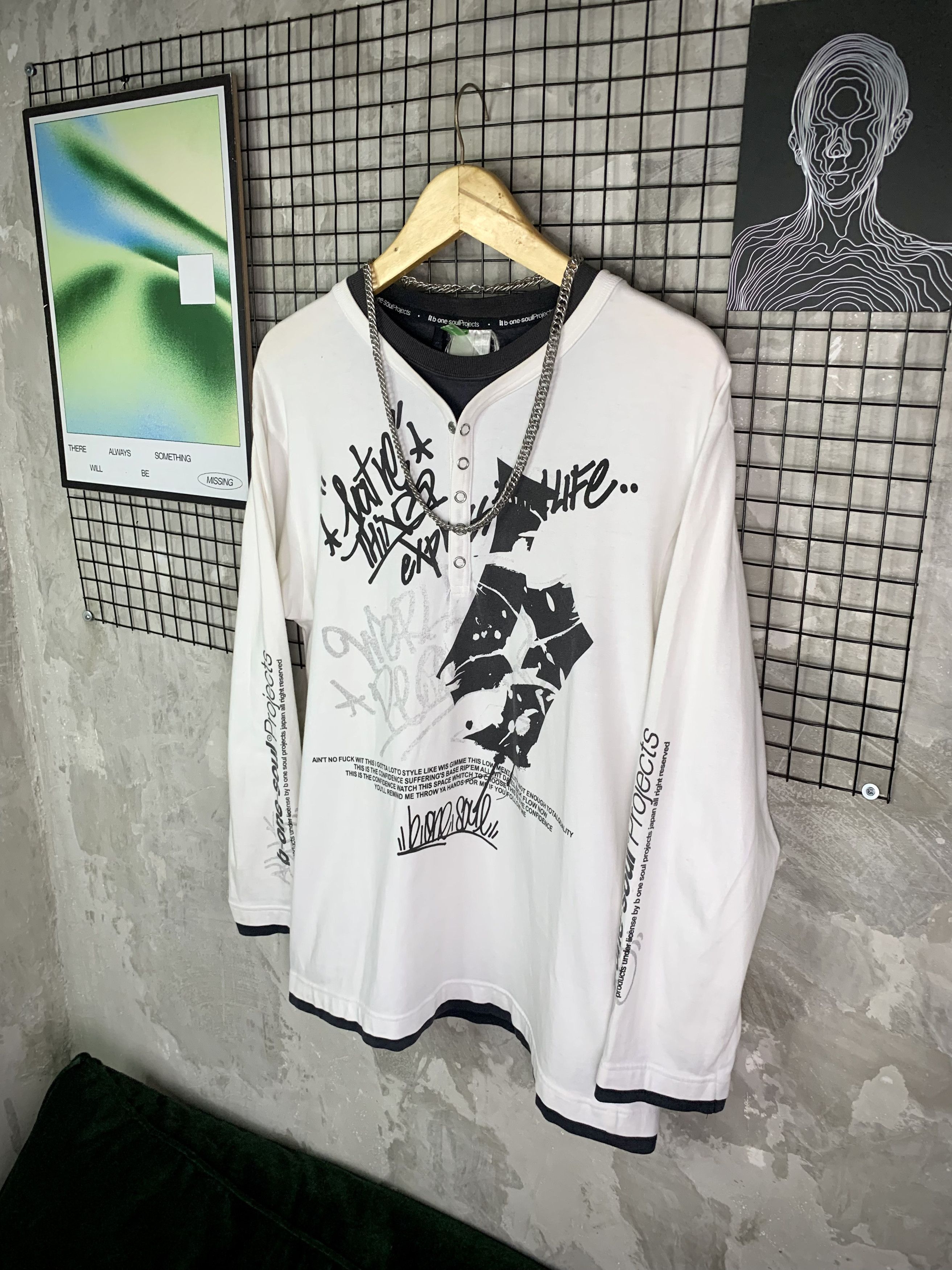Japanese Brand Y2K B-One-Soul Projects Grunge White Poem Henley LongSleeve Size US L / EU 52-54 / 3 - 2 Thumbnail
