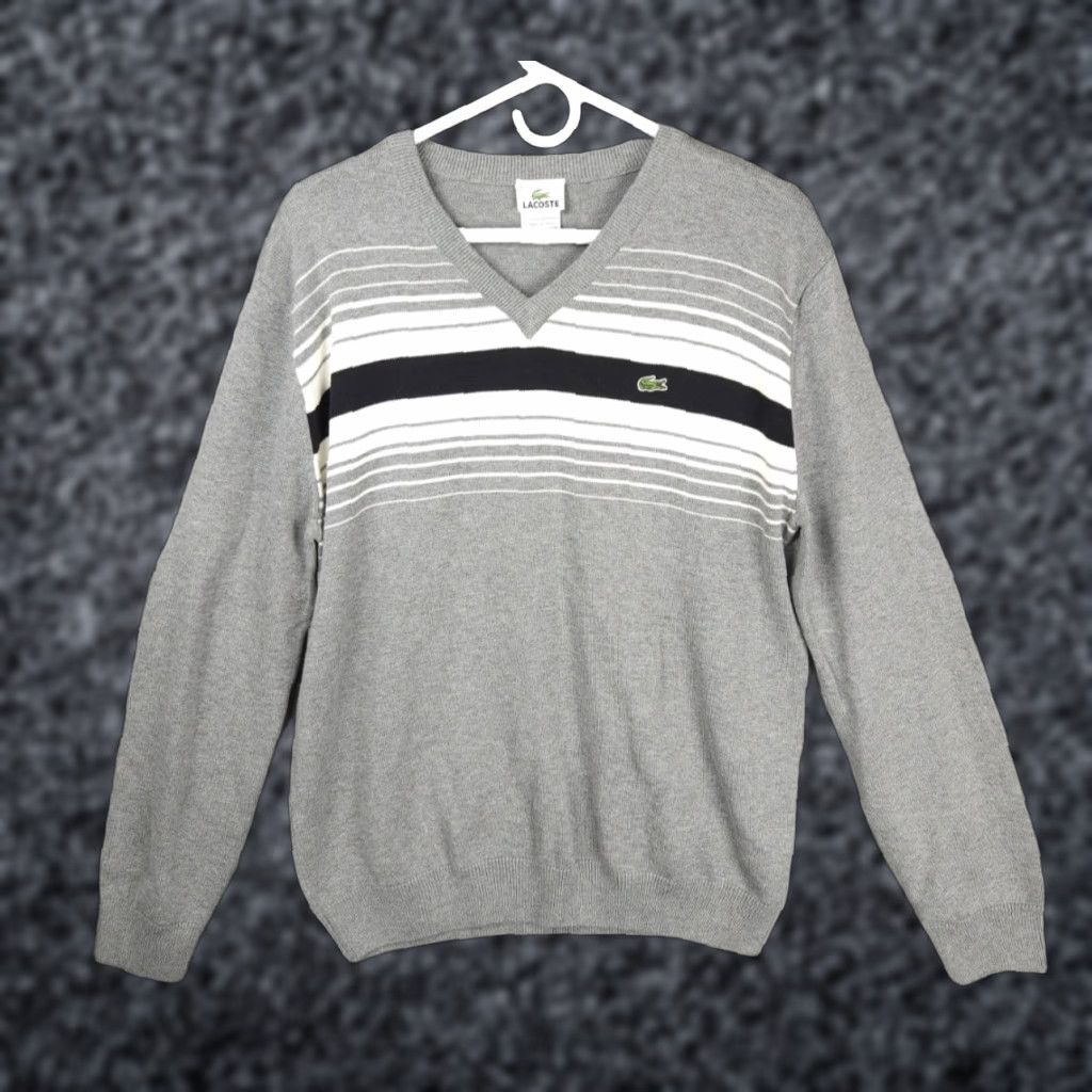 Lacoste Lacoste Sweater Men 5 Gray Striped V-Neck Wool Cotton Blend Pullover Knit Long Sleeve Regular Knit Logo Winter Spring Fall Size US S / EU 44-46 / 1 - 1 Thumbnail
