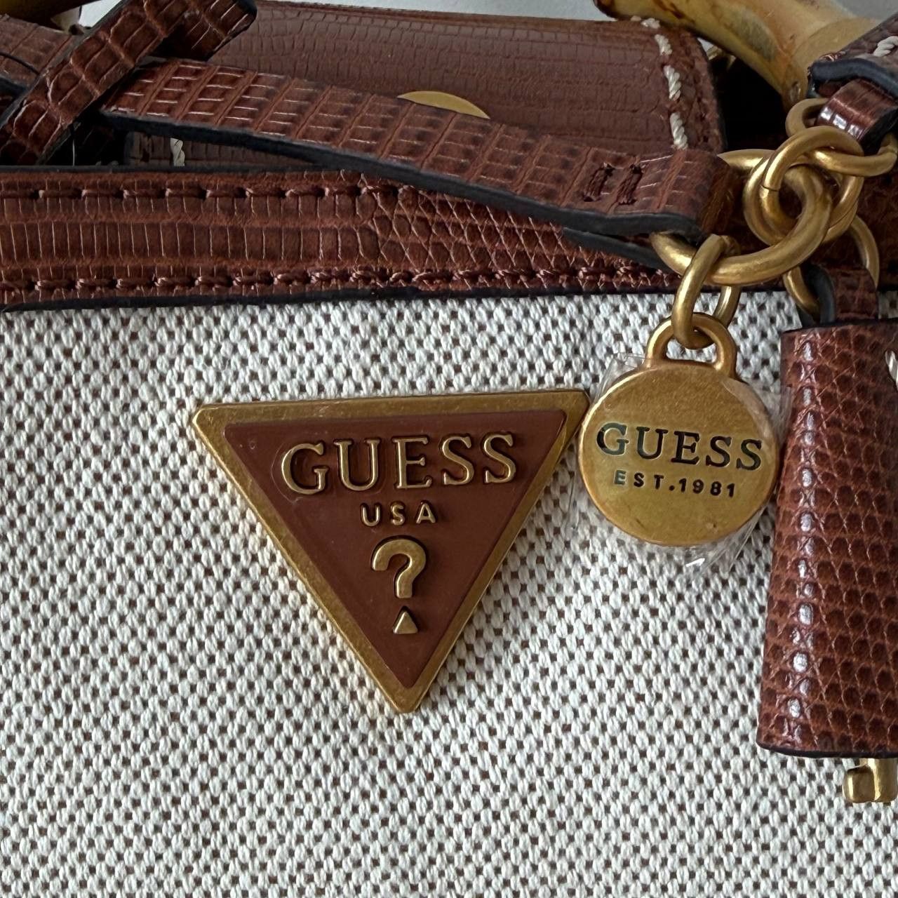 Guess Guess Zabry Bamboo Satchel Large Beige Brown Bag New Size ONE SIZE - 12 Thumbnail