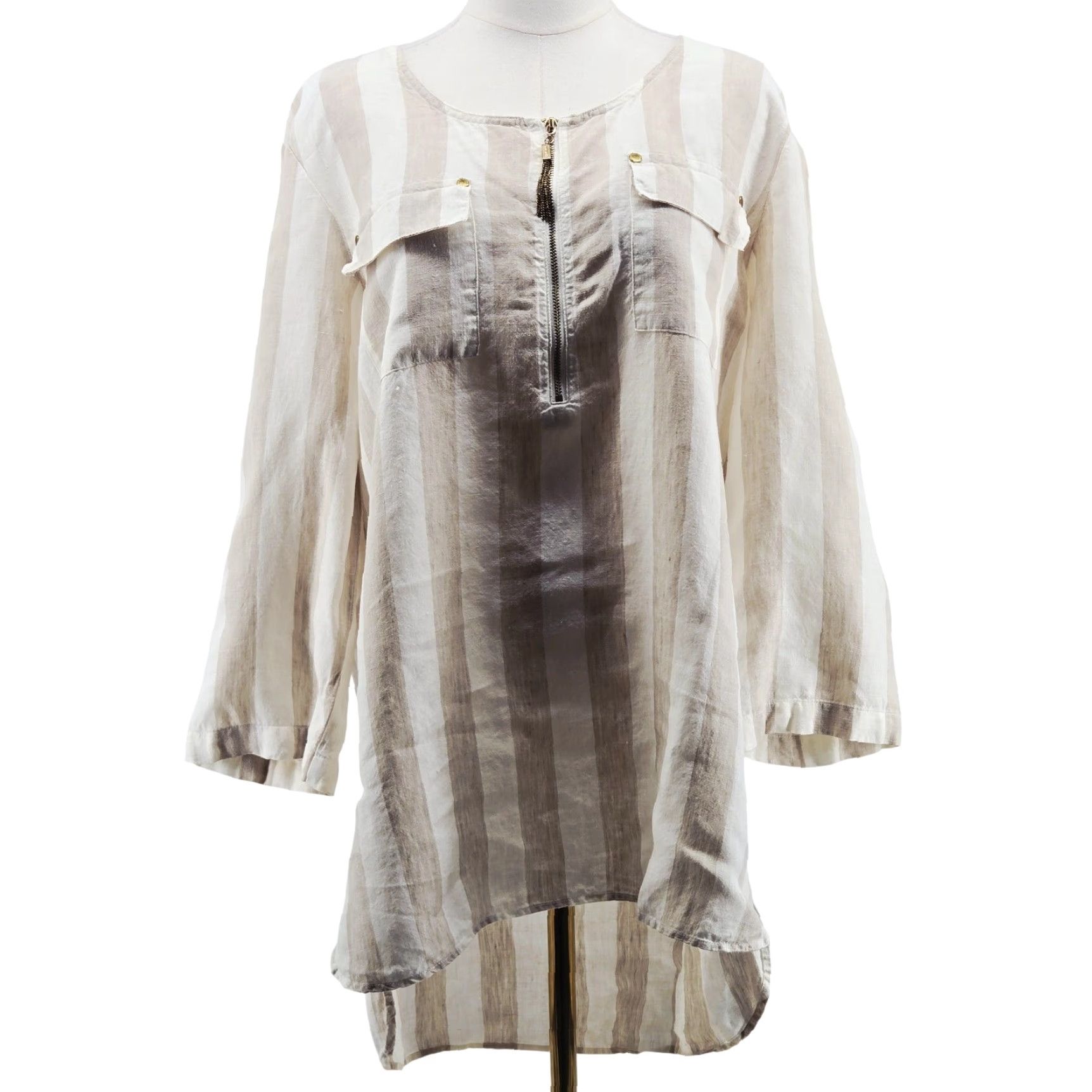 Ellen Tracy Ellen Tracy Blouse Womens L Beige Striped Linen Round Neck 3/4 Roll Tab Sleeve Zip Pockets Tunic Mens? Womens Size L / US 10 / IT 46 - 2 Thumbnail