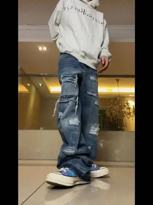 Designer damaged distressed patch baggy jeans Size US 32 / EU 48 - 3 Thumbnail