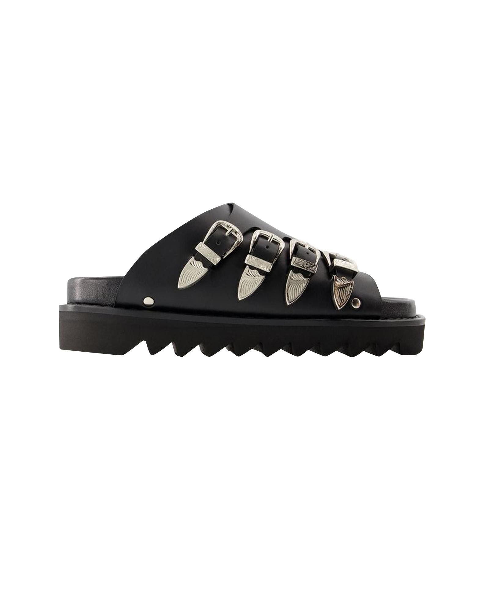 image of Toga Smooth Calfskin Ankle Strap Sandals With Round Open Toe in Black, Women's (Size 11)