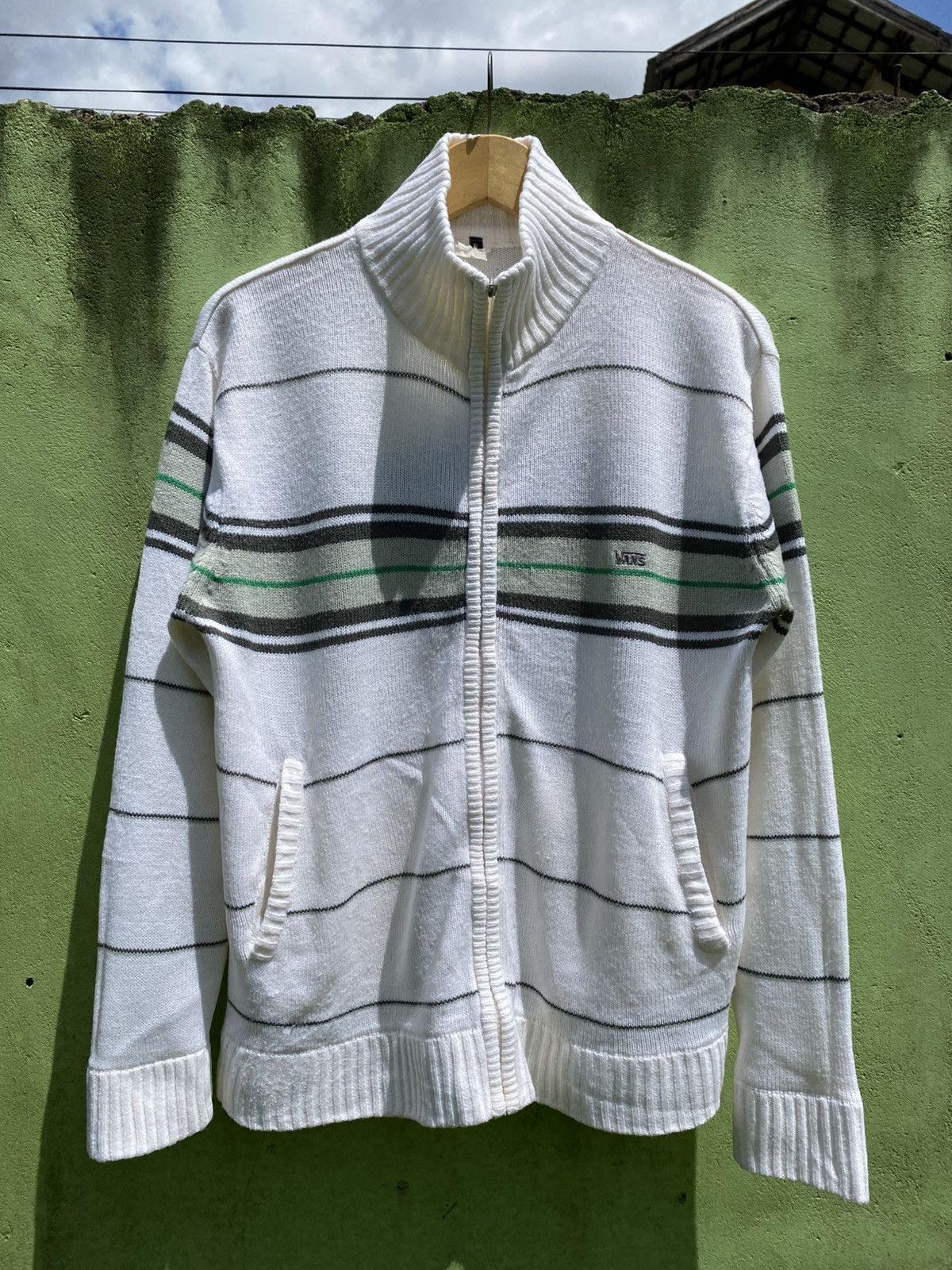 Vans VANS White Zip-Up Knit Sweater Striped Vintage Streetwear Size US L / EU 52-54 / 3 - 1 Thumbnail