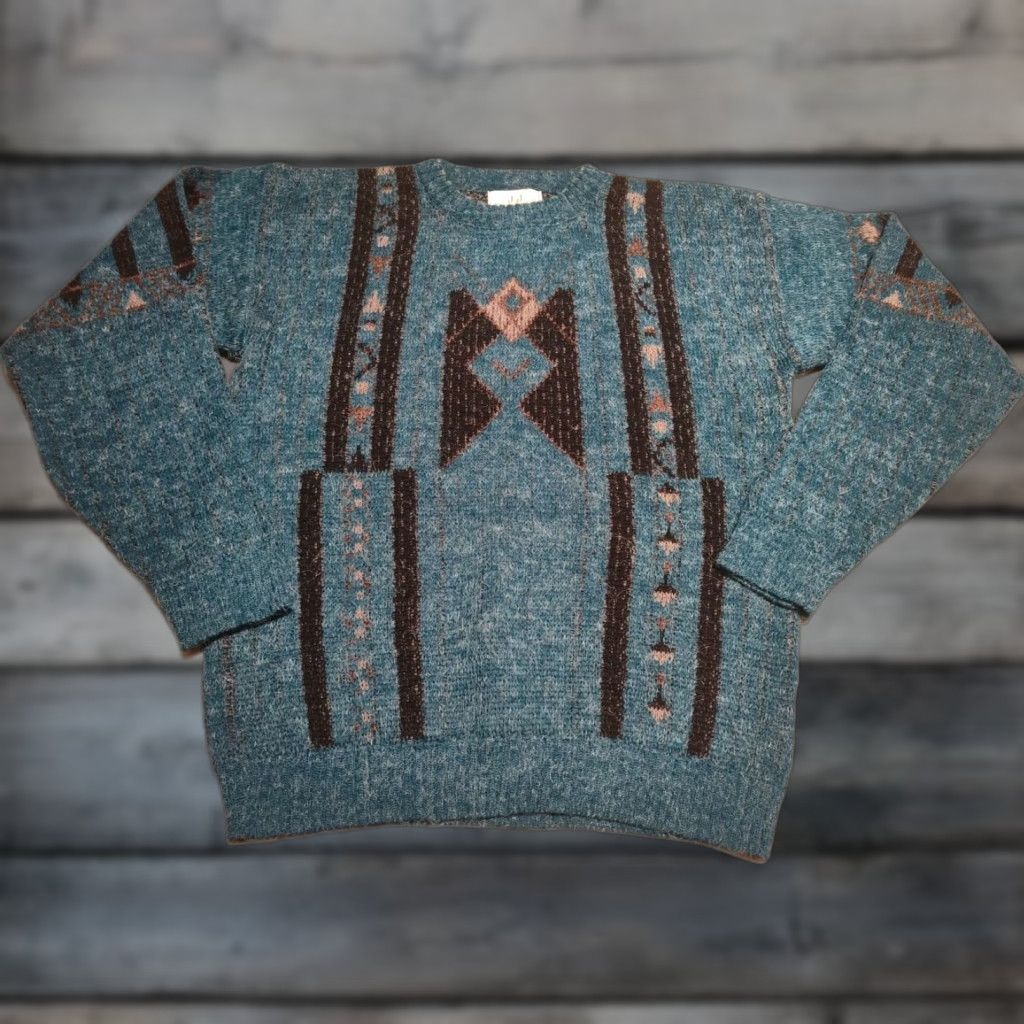 VINTAGE 90s JJ Cochran Men's Geometric Fuzzy Sweater Pullover Sz L Multicolor Crew Neck Knit Casual