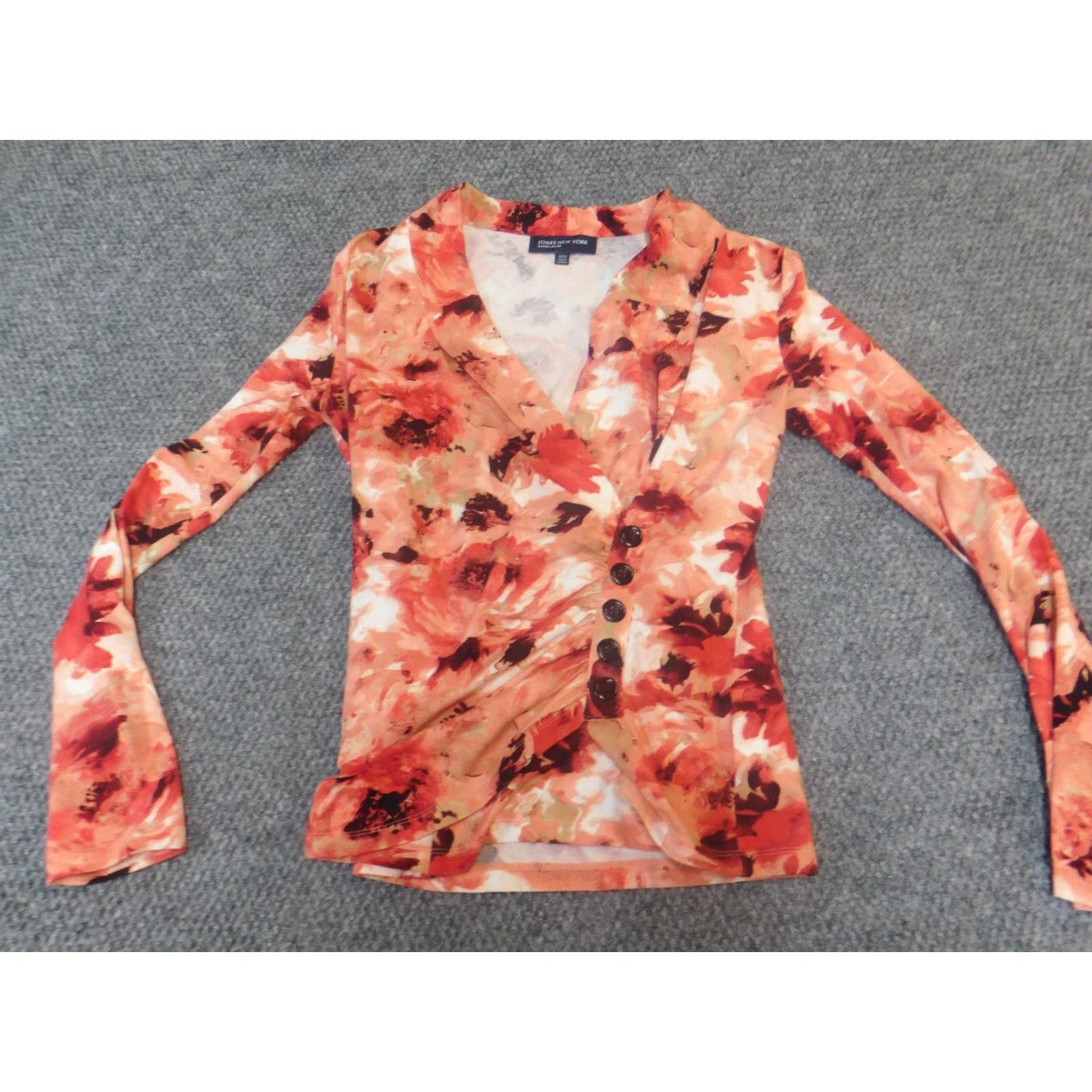 Jones New York Jones New York Womens Blouse Small orange floral Button Pullover V-Neck Cap Sleeve Casual Stretch Regular Polyester Rayon Vintage No Size S / US 4 / IT 40 - 2 Thumbnail