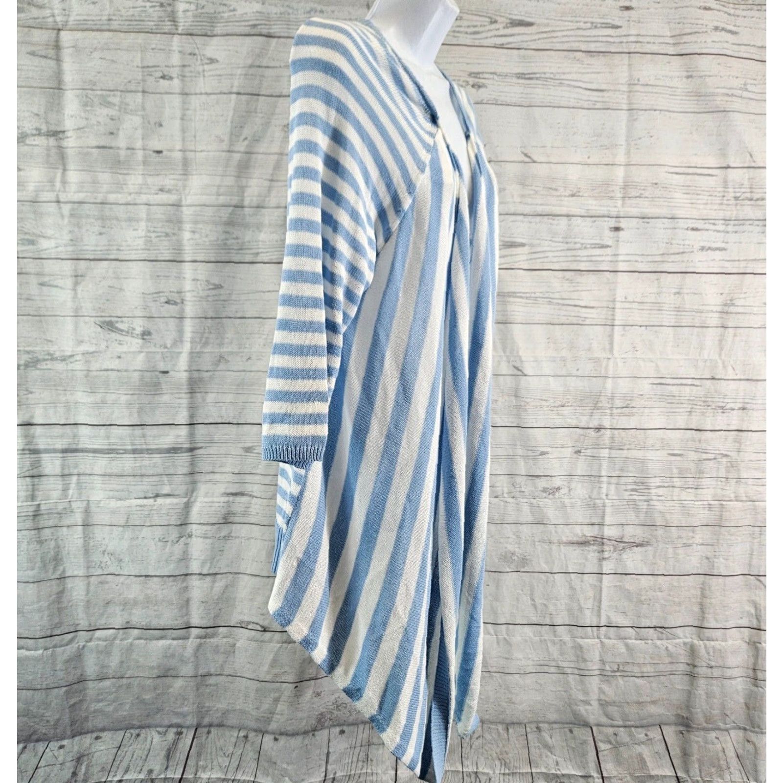 Vintage Chico's Womens Cardigan Sz Large Blue White Stripe Open Front Cotton Blend Sweater Knit Knitwear Size L / US 10 / IT 46 - 3 Thumbnail