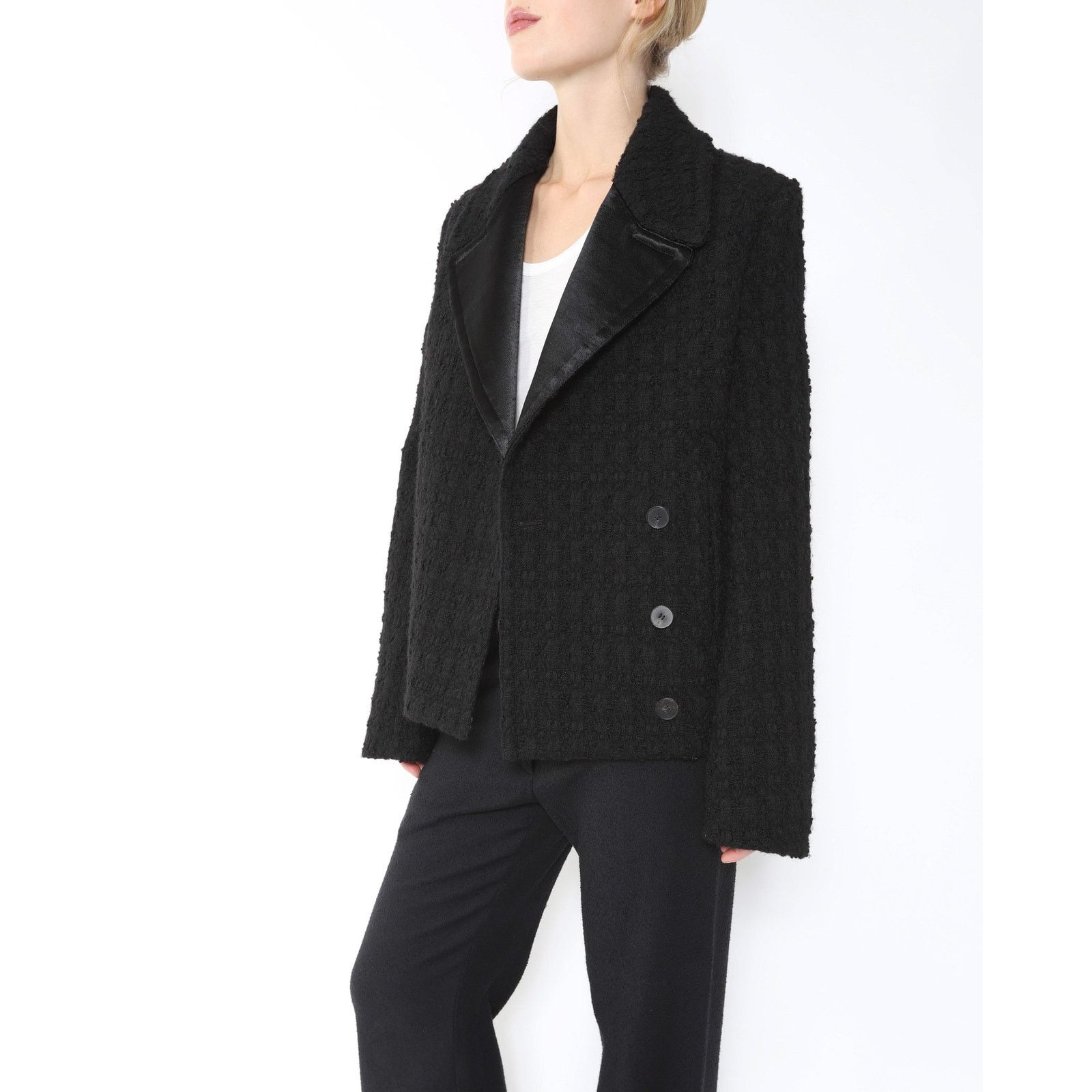 Haider Ackermann FW18 Double Breasted Short-Coat in Black Tweed Size XS / US 0-2 / IT 36-38 - 4 Thumbnail