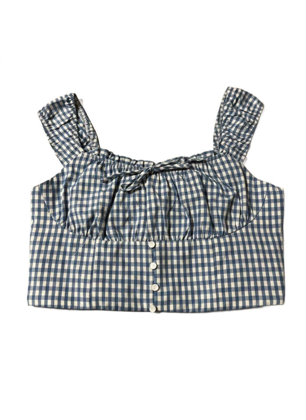 Other Monteau Blue White Checkered Crop Top Cottagecore L Size L / US 10 / IT 46 - 2 Thumbnail