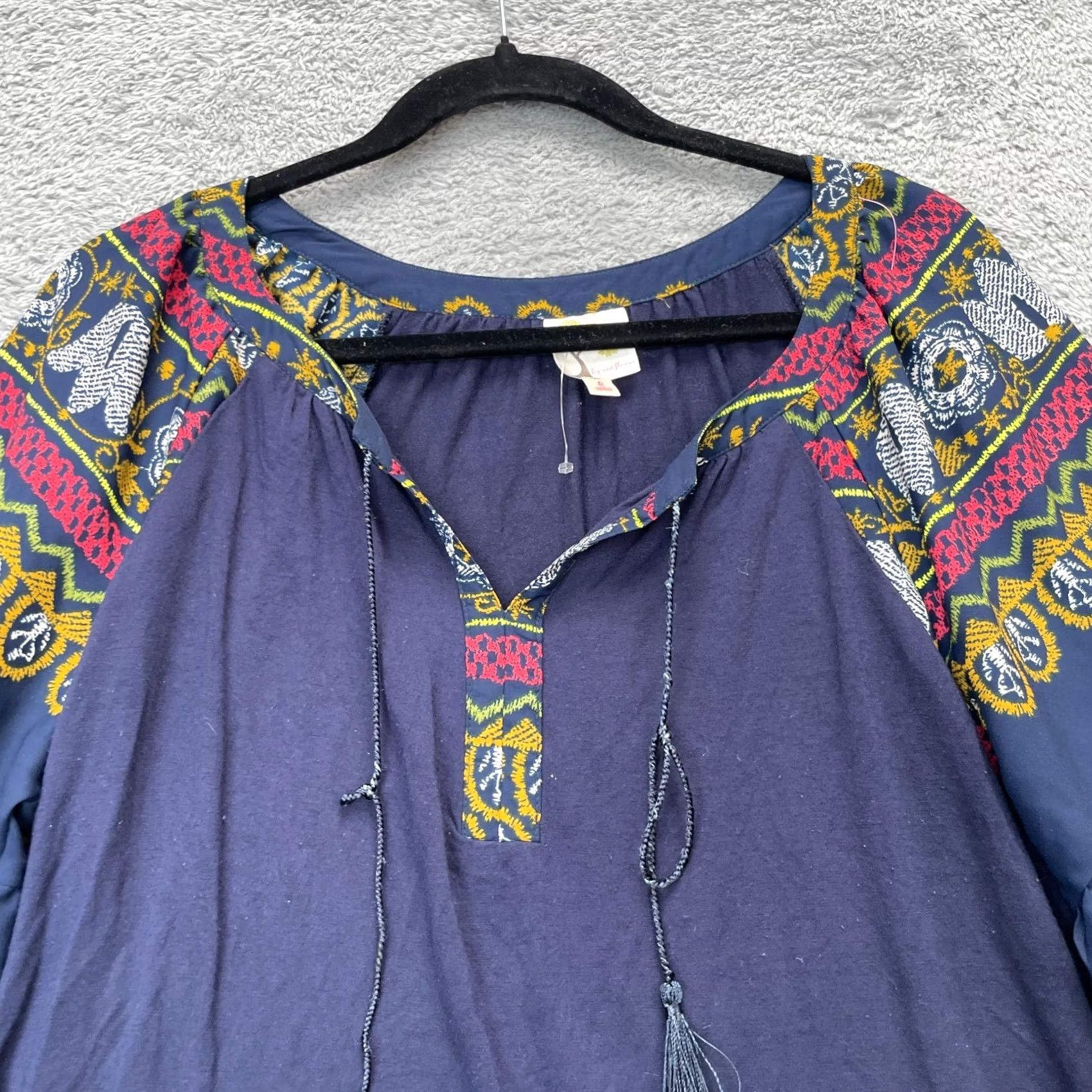 Vintage Fig & Flower Blouse Womens Large Blue Puff Sleeve Tassel Rope Fair Isle V-Neck Lace Up Casual Party/Cocktail Shirt Blouse Beach Bohemian Spring Summer Size L / US 10 / IT 46 - 6 Thumbnail