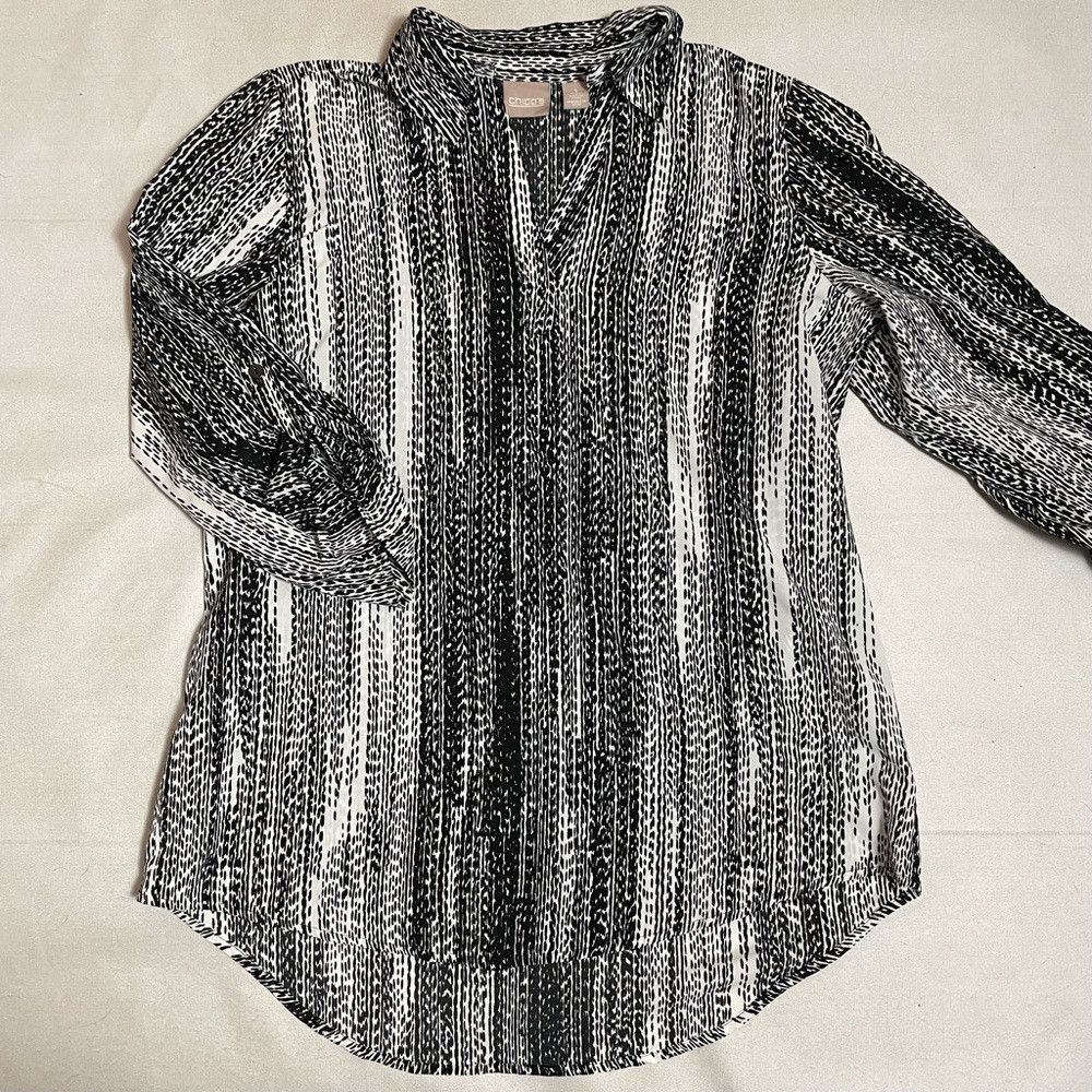 Chicos Chico's Black White V-Neck 3/4 Sleeve Blouse Size 1 US M Size M / US 6-8 / IT 42-44 - 5 Thumbnail