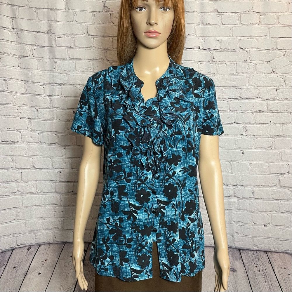 Pendleton Pendleton Silk Blue Black Floral Short Sleeve Blouse Size 1 Size L / US 10 / IT 46 - 1 Thumbnail