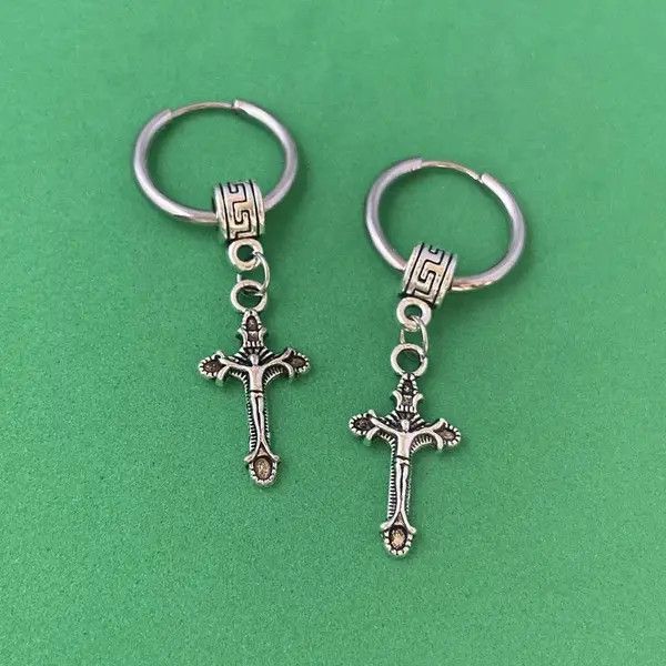 Designer × Jewelry 925 Silver Plated Cross Dangle Drop Earrings for Men Women Size ONE SIZE - 3 Thumbnail