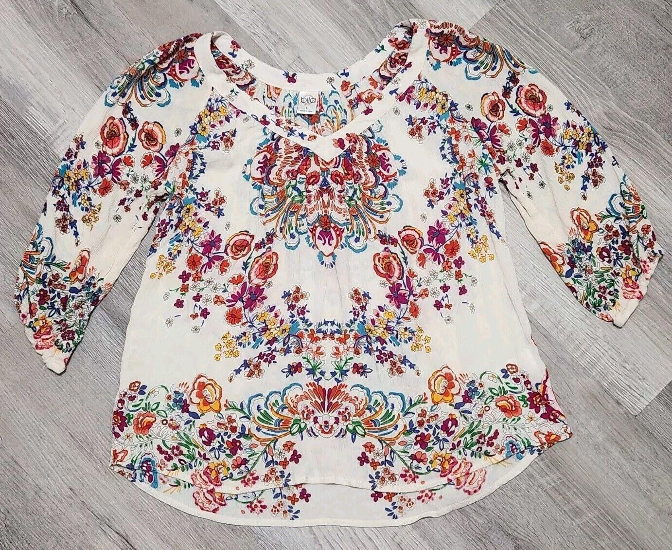 Designer Bila Top Size Large V Neck Boho Hippie Floral Short Sleeve Size L / US 10 / IT 46 - 5 Thumbnail