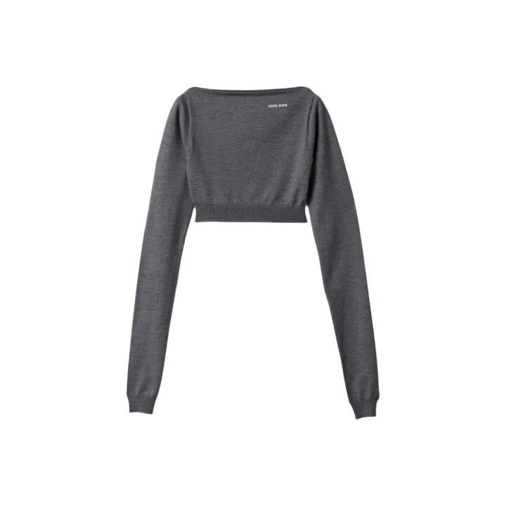 Miu Miu Miu Miu Gray Cropped Sweater with Embroidery 0079 Size L / US 10 / IT 46 - 1 Thumbnail