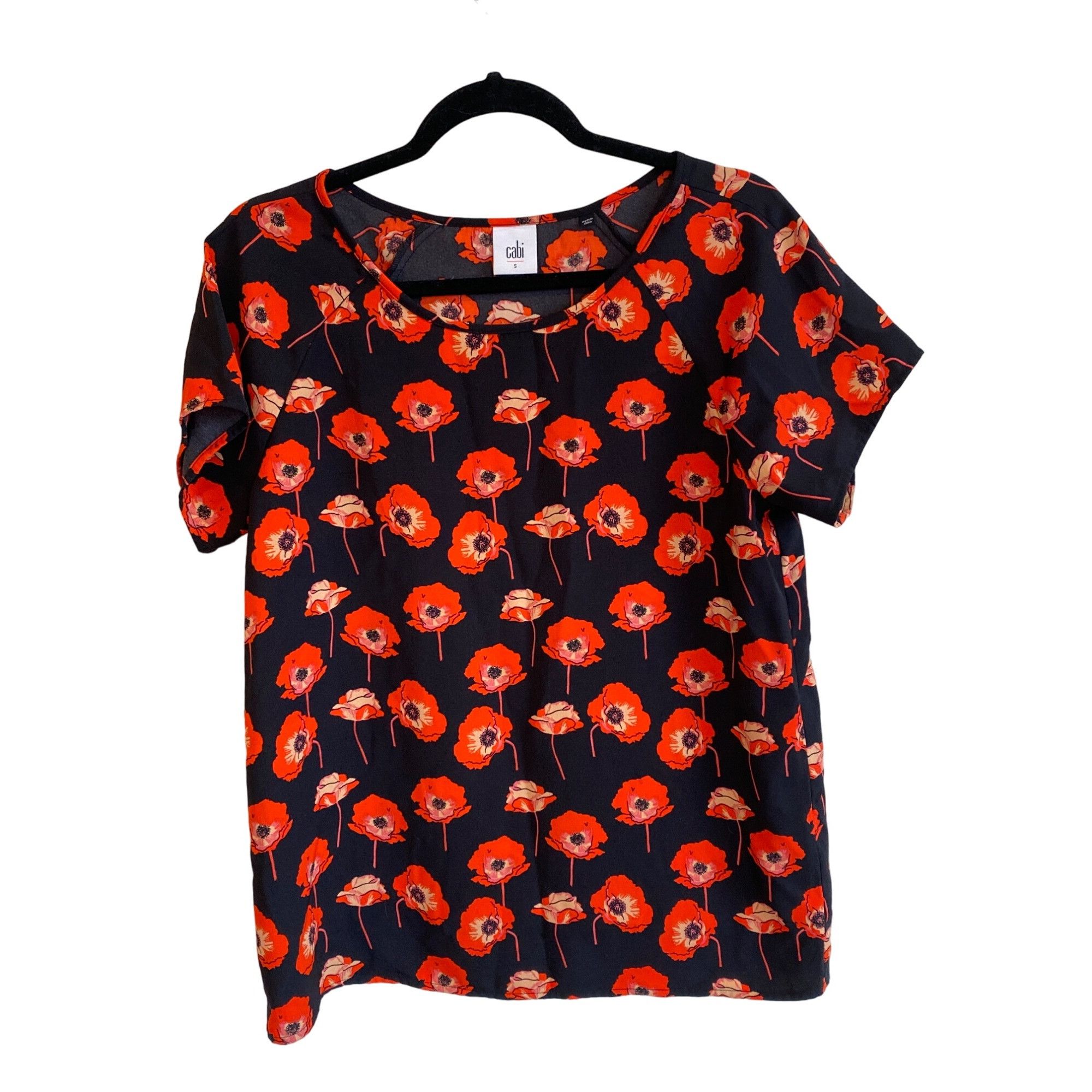 Designer CAbi Red Poppies Short Sleeve Blouse Tunic W's Small Split B Size S / US 4 / IT 40 - 2 Thumbnail