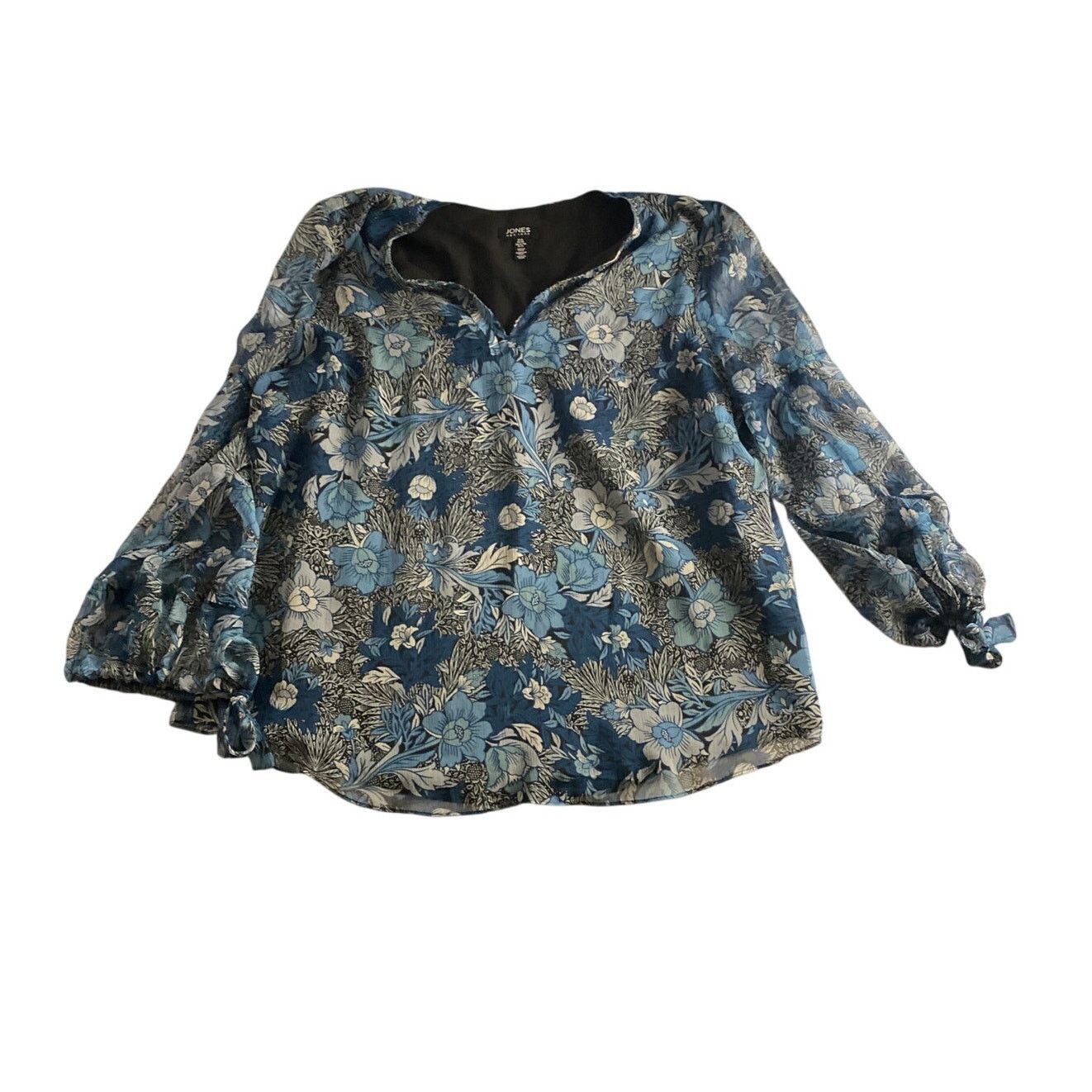 Jones New York Elegant Floral Print Blouse Blue & Black Jones New York XL Size XL / US 12-14 / IT 48-50 - 2 Thumbnail