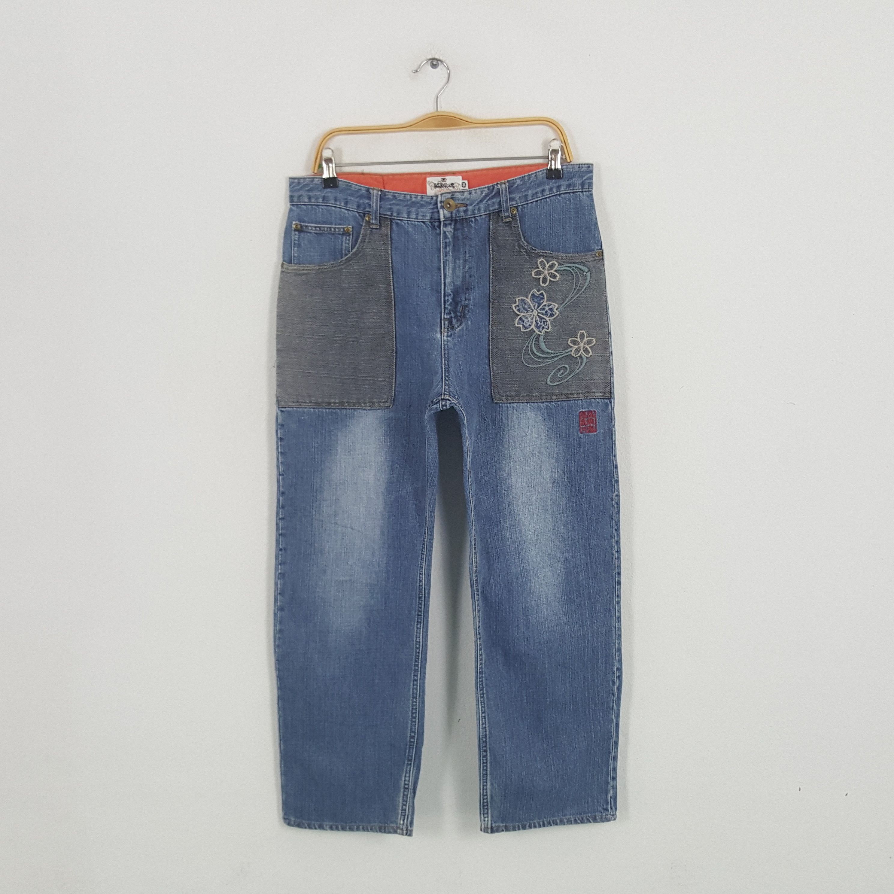 Japanese Brand × Vintage Vintage Karakuri Tamashii Japan Embroidery Flower Denim Jean Size US 33 - 1 Thumbnail