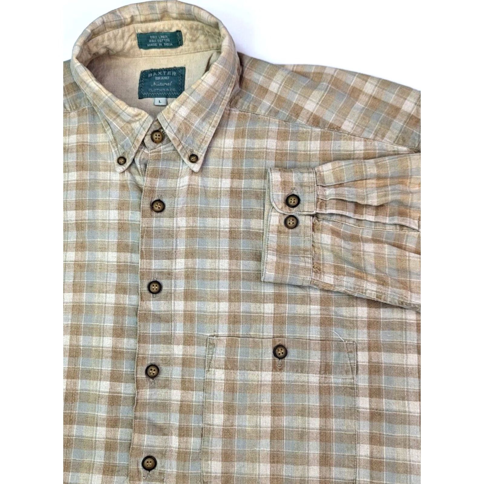 Vintage Baxter Shirt Men L Plaid Brown Tan Cotton Linen Button-Down Long Sleeve casual Vintage: No Size US L / EU 52-54 / 3 - 2 Thumbnail