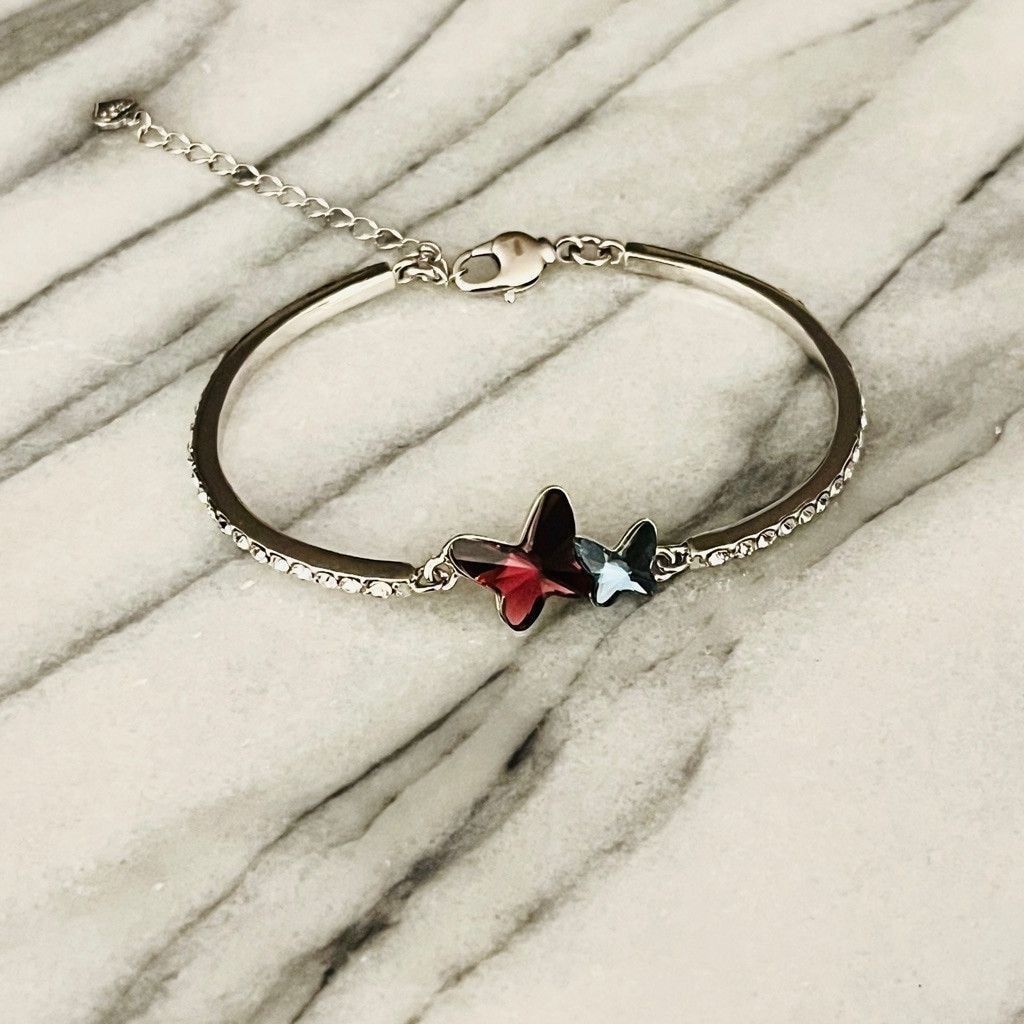 Jewelry Crystal Butterfly Bracelet Blue Purple Pink Bangle Rhodium Size ONE SIZE - 1 Thumbnail