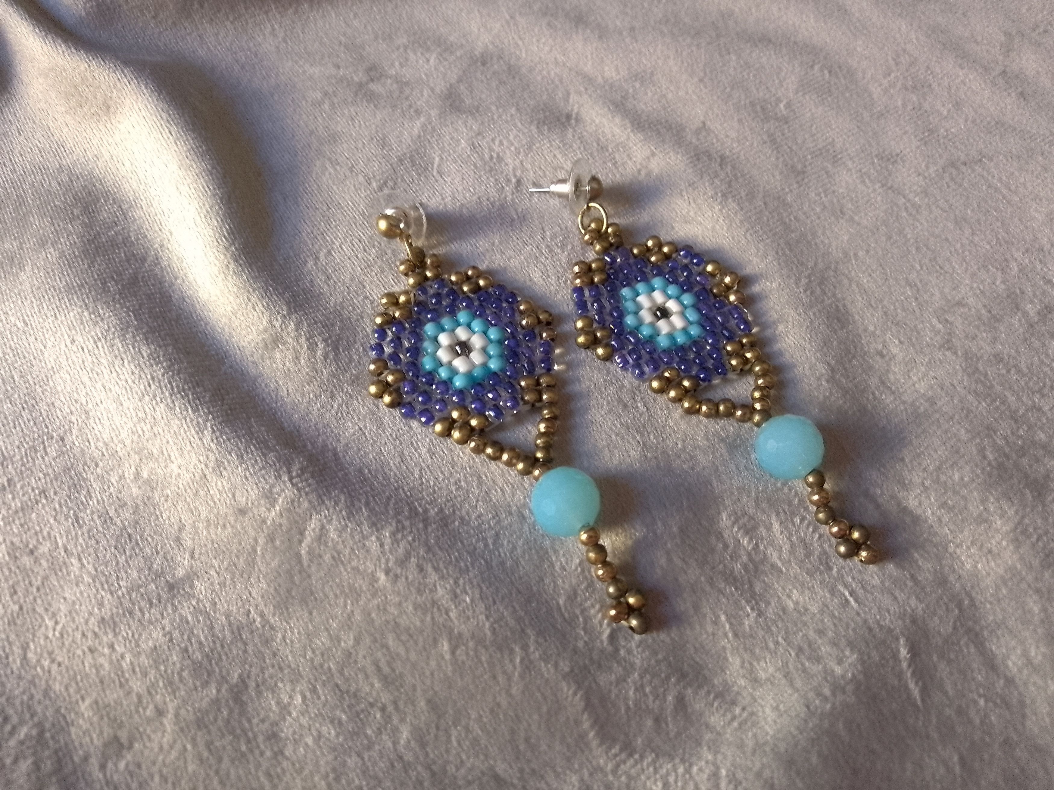 Handmade Earrings Eye Shaped Beaded Blue Crystal Lucky Charm Size ONE SIZE - 3 Thumbnail
