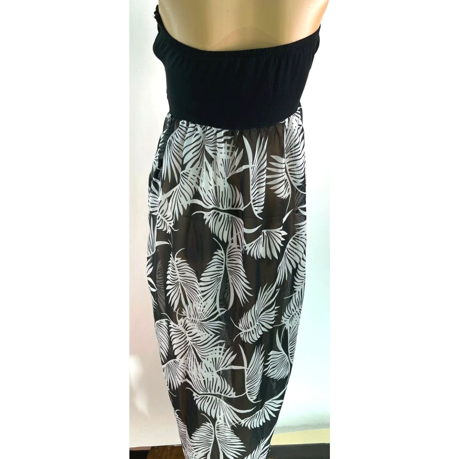 Vintage Womens Unbranded Maxi Dress Black Bardot Feather Print Slit Size Medium Summer Size M / US 6-8 / IT 42-44 - 2 Thumbnail