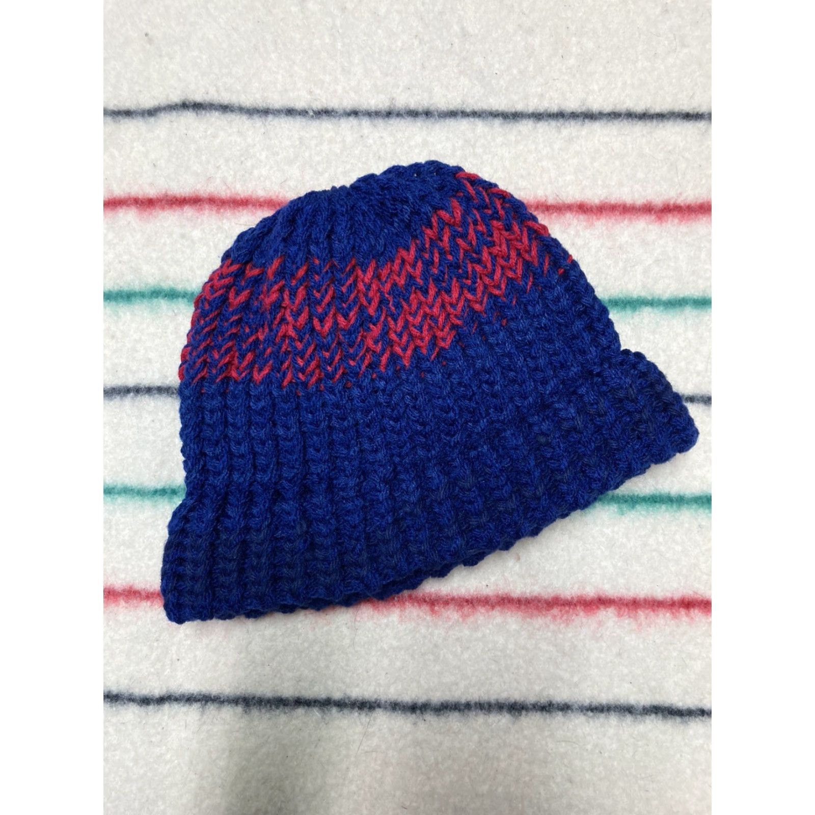 Vintage Crochet knit beanie hand made red blue custom cap snow toboggan soft adult Beanie Women One Size Red Blue Knit Crochet Accessories Size ONE SIZE - 4 Thumbnail