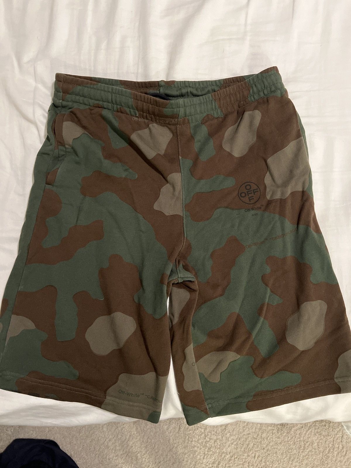 image of Off White Stencil Shorts. Size XL in Green, Men's