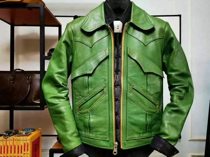 image of Freewheelers Goat Leather Little Wing Jacket Leather Jacket in Green, Men's (Size Small)