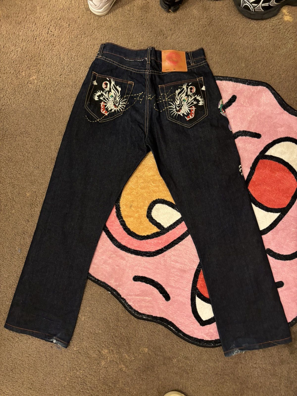 image of Ed Hardy Black Cat Embroidered Denim Jeans in Dark Denim, Men's (Size 36)