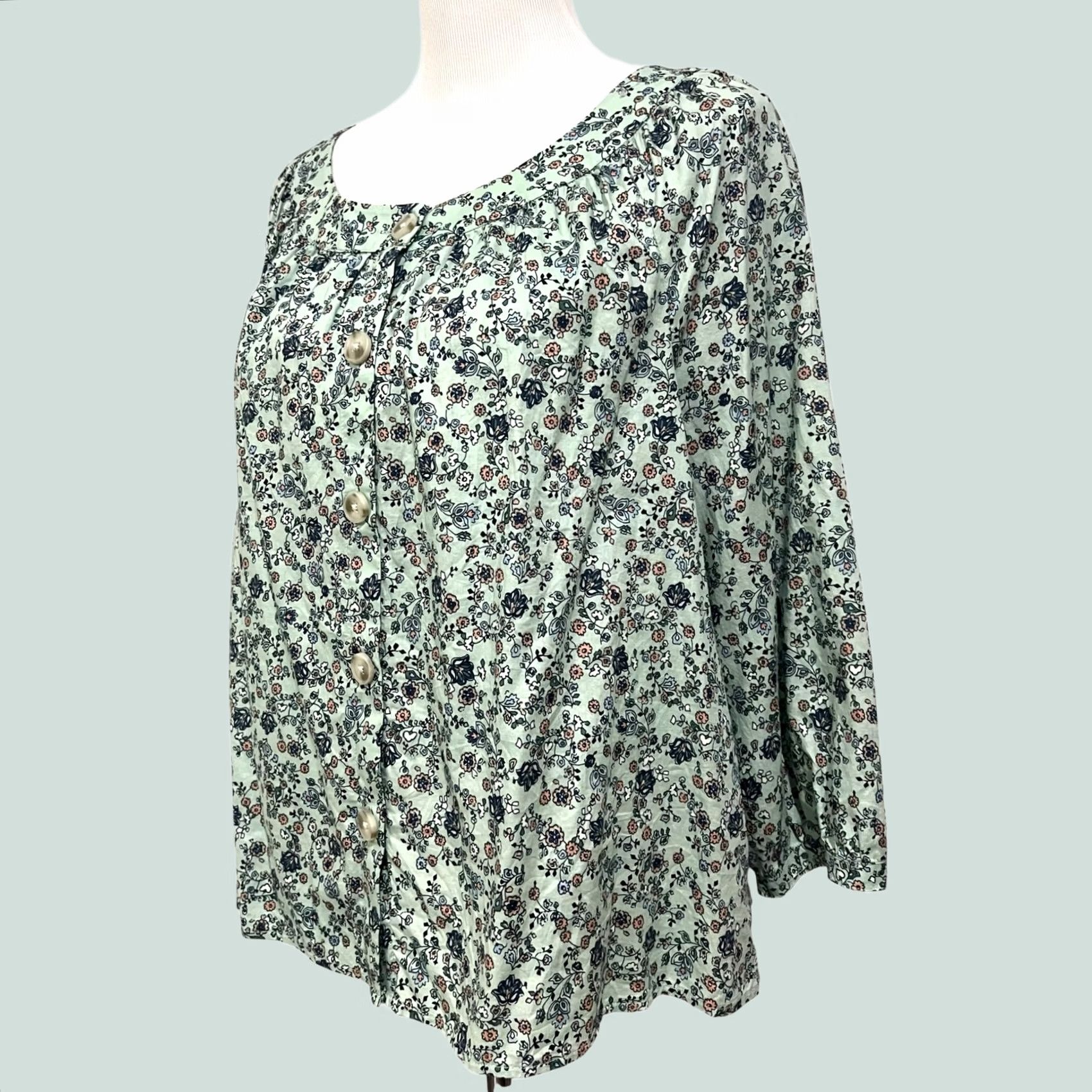 J. Jill VINTAGE J. Jill Floral Peasant Top Blue Womens Petite L Boho Cotton Button Up Blouse 3/4 Sleeve Round Neck Shirt Girls Mens Size L / US 10 / IT 46 - 1 Thumbnail