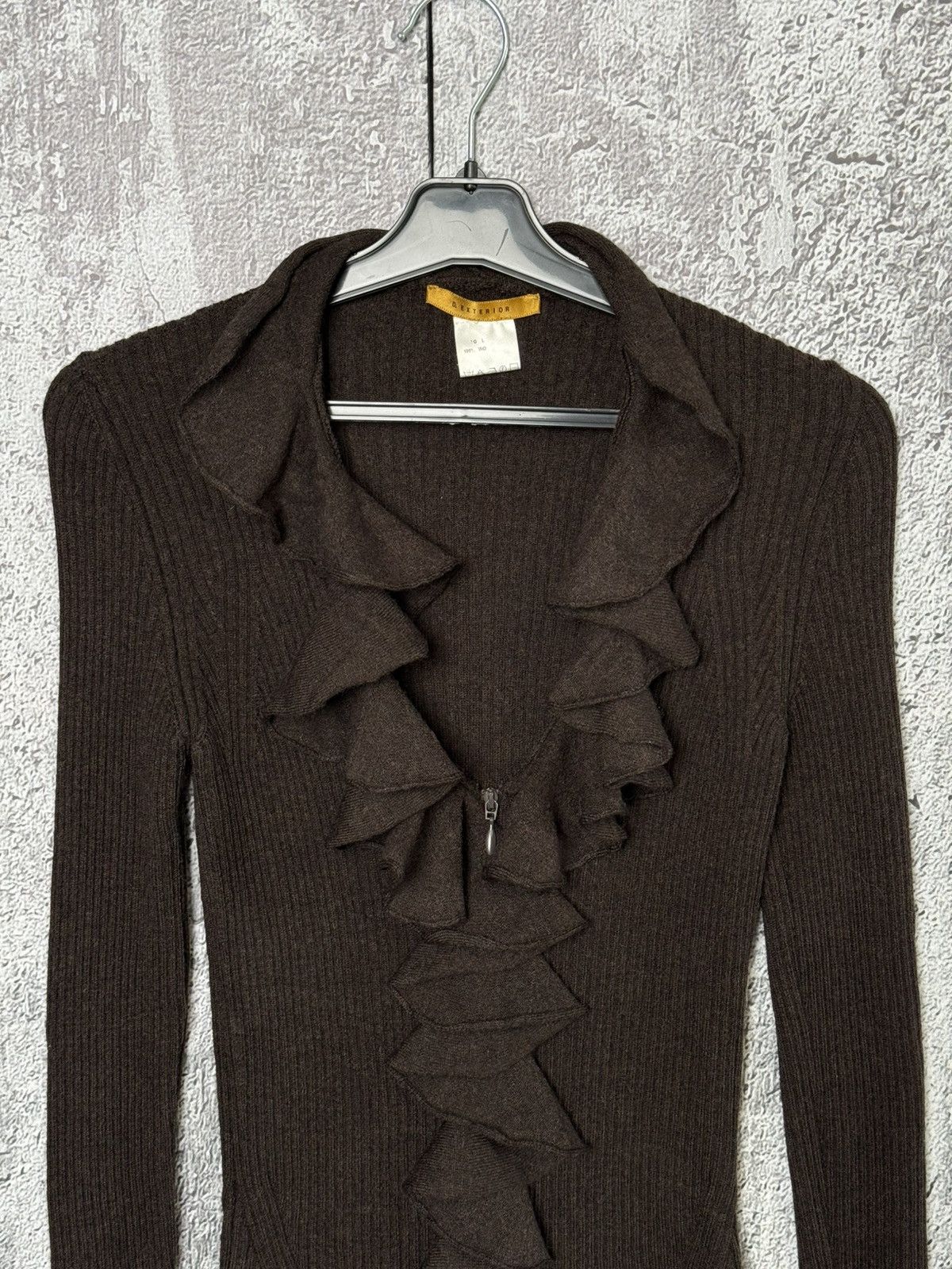 D.Exterior D.Exterior Brown Ribbed Wool Ruffle Zip Cardigan Sweater Size L / US 10 / IT 46 - 2 Thumbnail