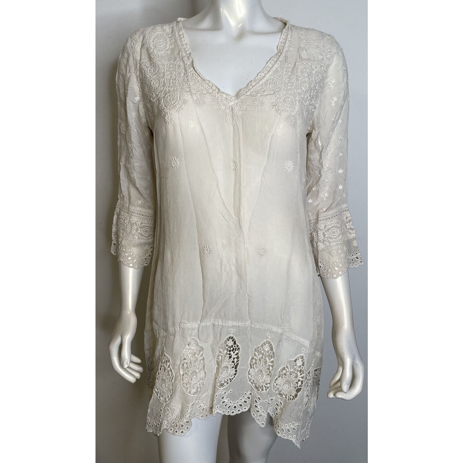 Johnny Was Johnny Was Ivory Embroidered Tunic Top S 3/4 Sleeves Floral Size S / US 4 / IT 40 - 1 Thumbnail